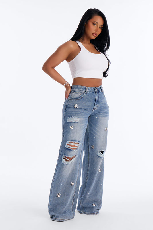 Always Delicate Floral Embellished Wide Leg Jeans - Medium Wash