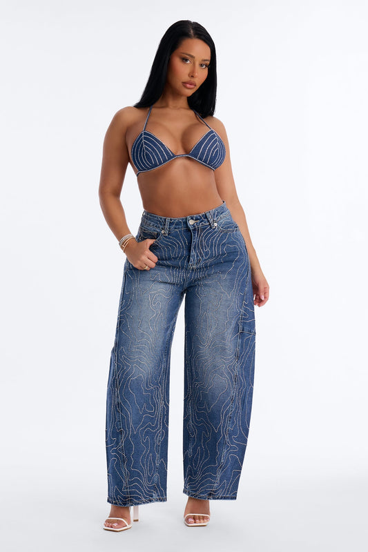 Nolita Nights Embellished Barrel Jeans - Dark Wash