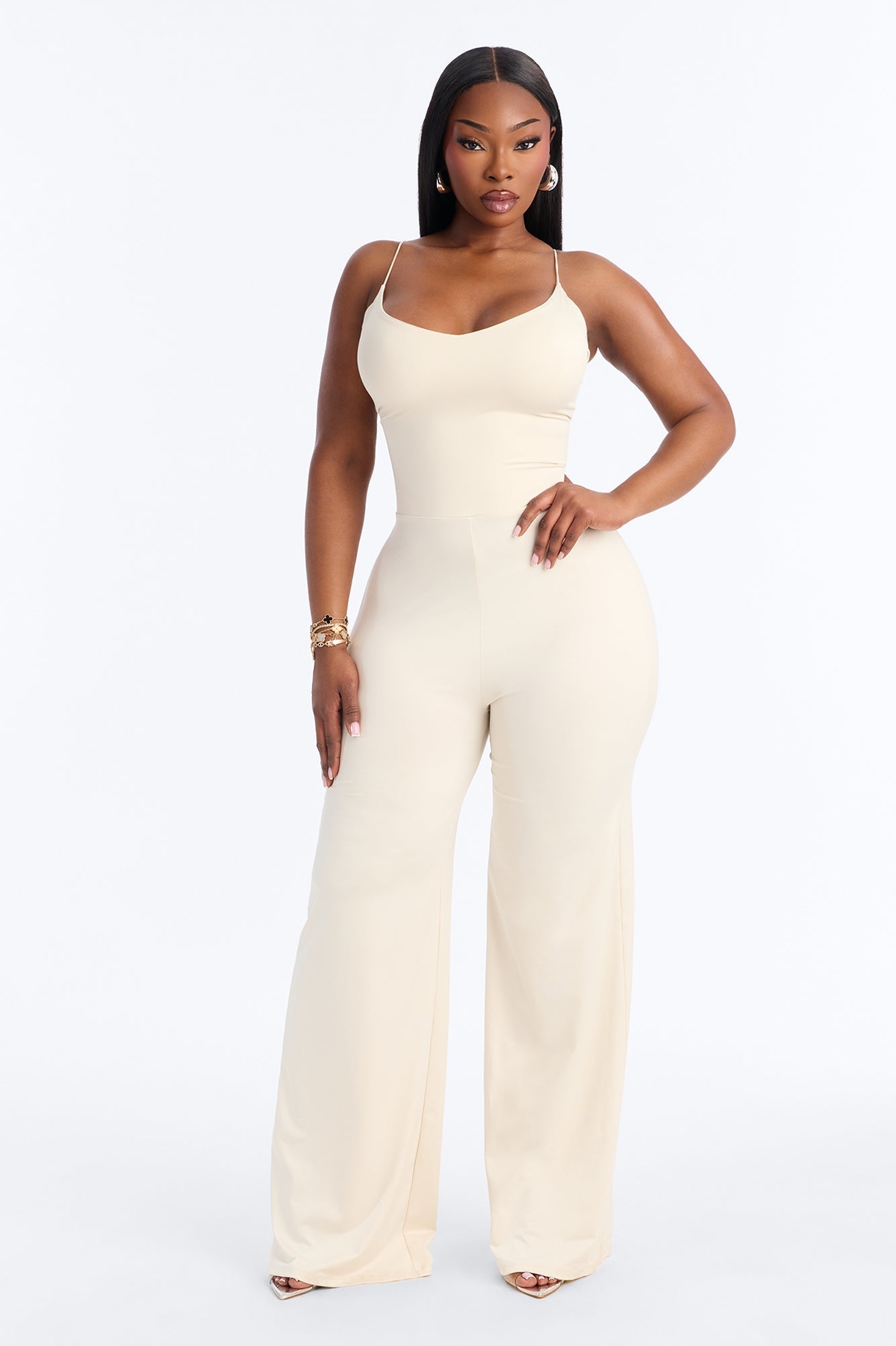 Contour Double Lined Spaghetti Strap Scoop Neck Jumpsuit - Bone NEWFASHIONEDGE