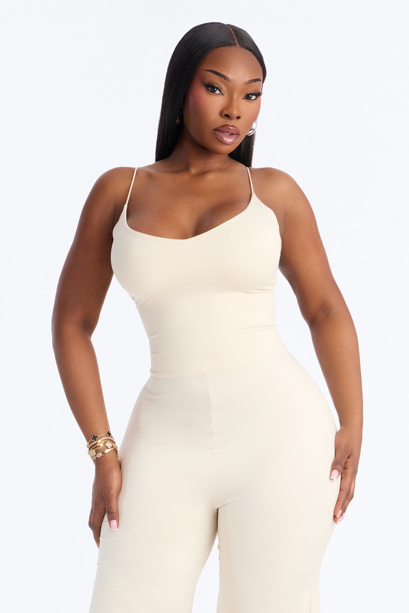 Contour Double Lined Spaghetti Strap Scoop Neck Jumpsuit - Bone NEWFASHIONEDGE