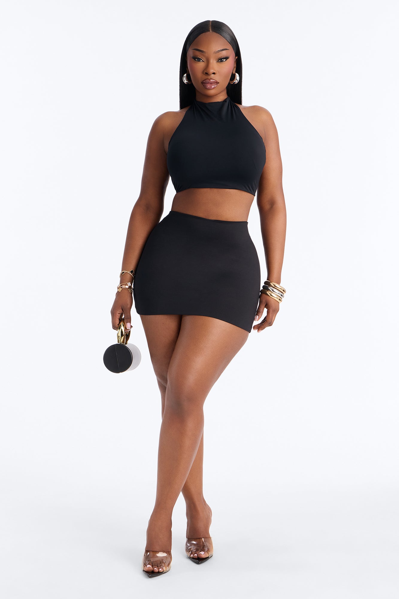 Second Skin Padded Backless Mock Neck Halter Top - Black