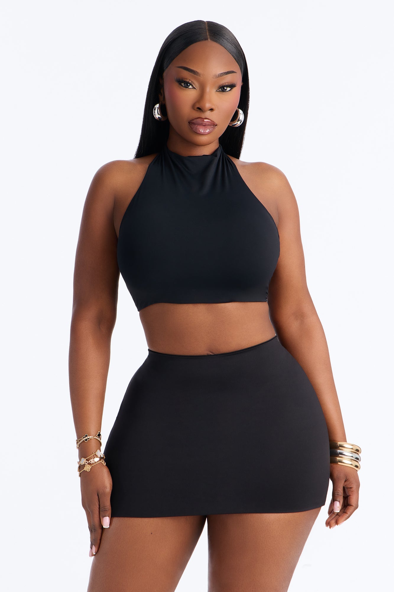 Second Skin Padded Backless Mock Neck Halter Top - Black