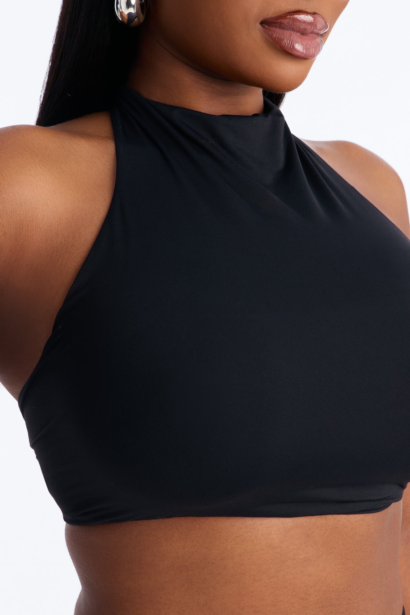 Second Skin Padded Backless Mock Neck Halter Top - Black