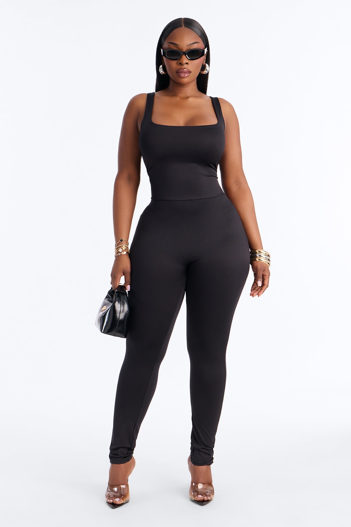 Contour Double Lined Sleeveless Square Neck Jumpsuit - Black NEWFASHIONEDGE