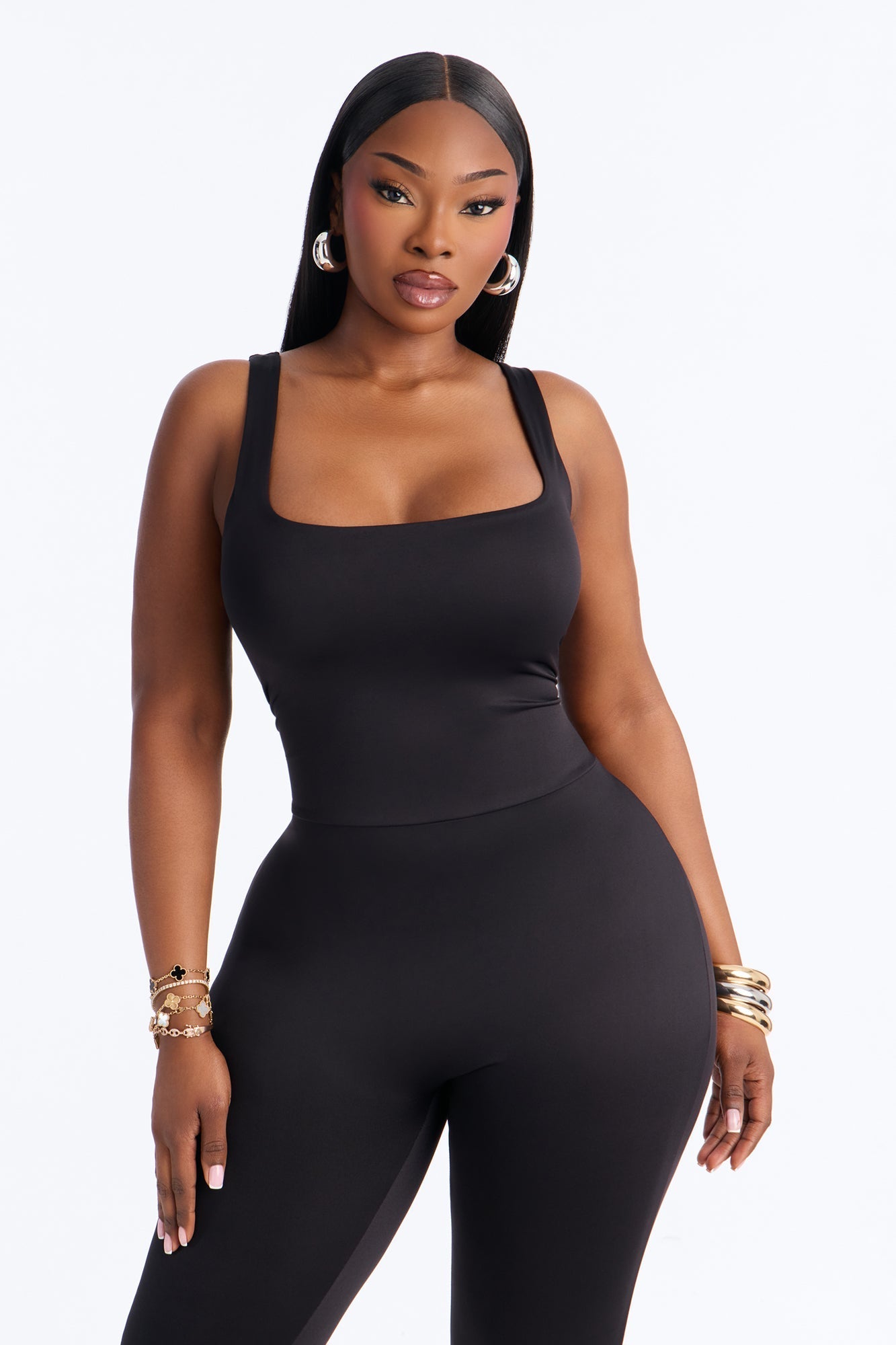 Contour Double Lined Sleeveless Square Neck Jumpsuit - Black NEWFASHIONEDGE