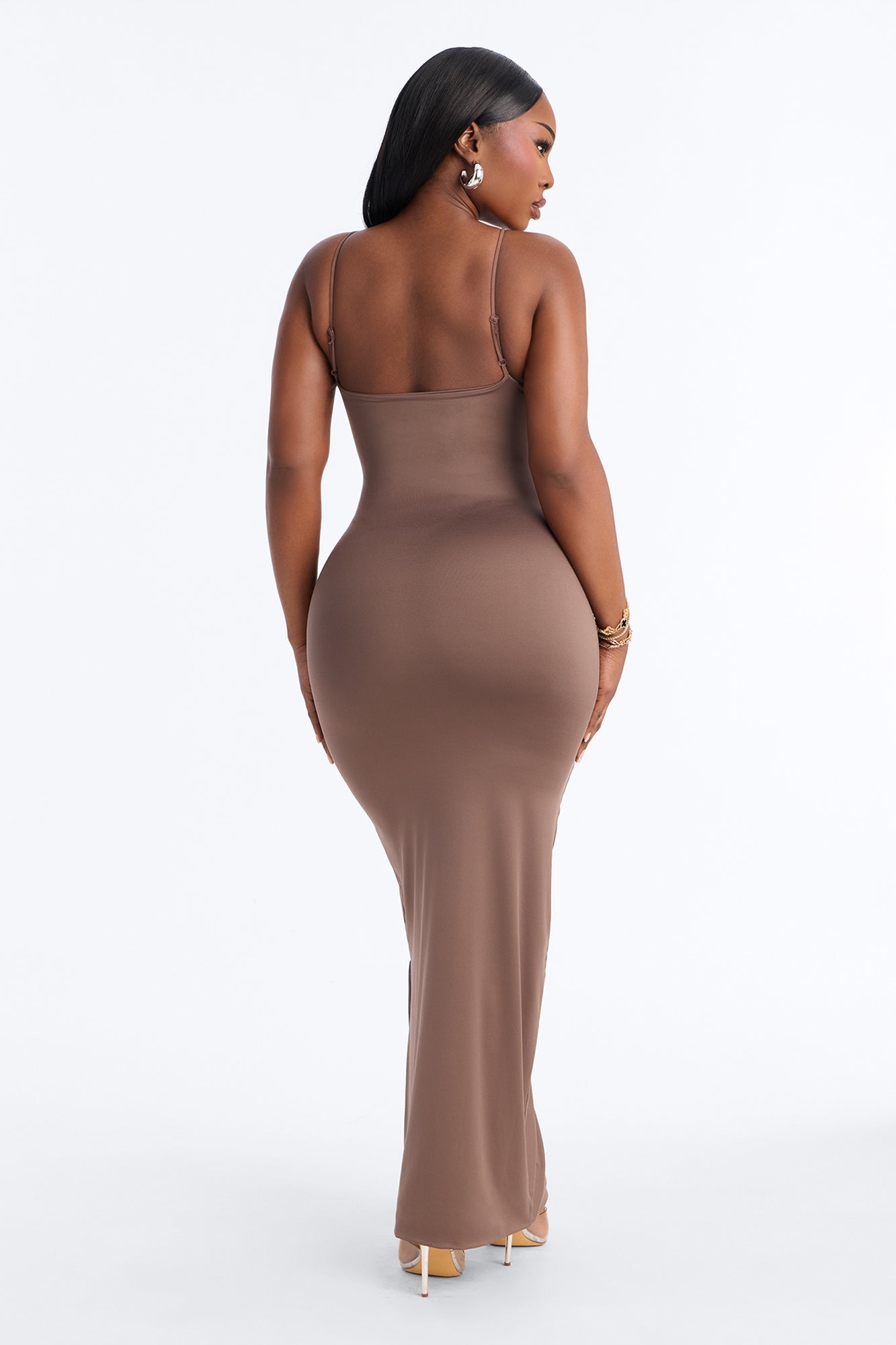 Contour Double Lined Scoop Neck Spaghetti Strap Maxi Dress - Brown NEWFASHIONEDGE