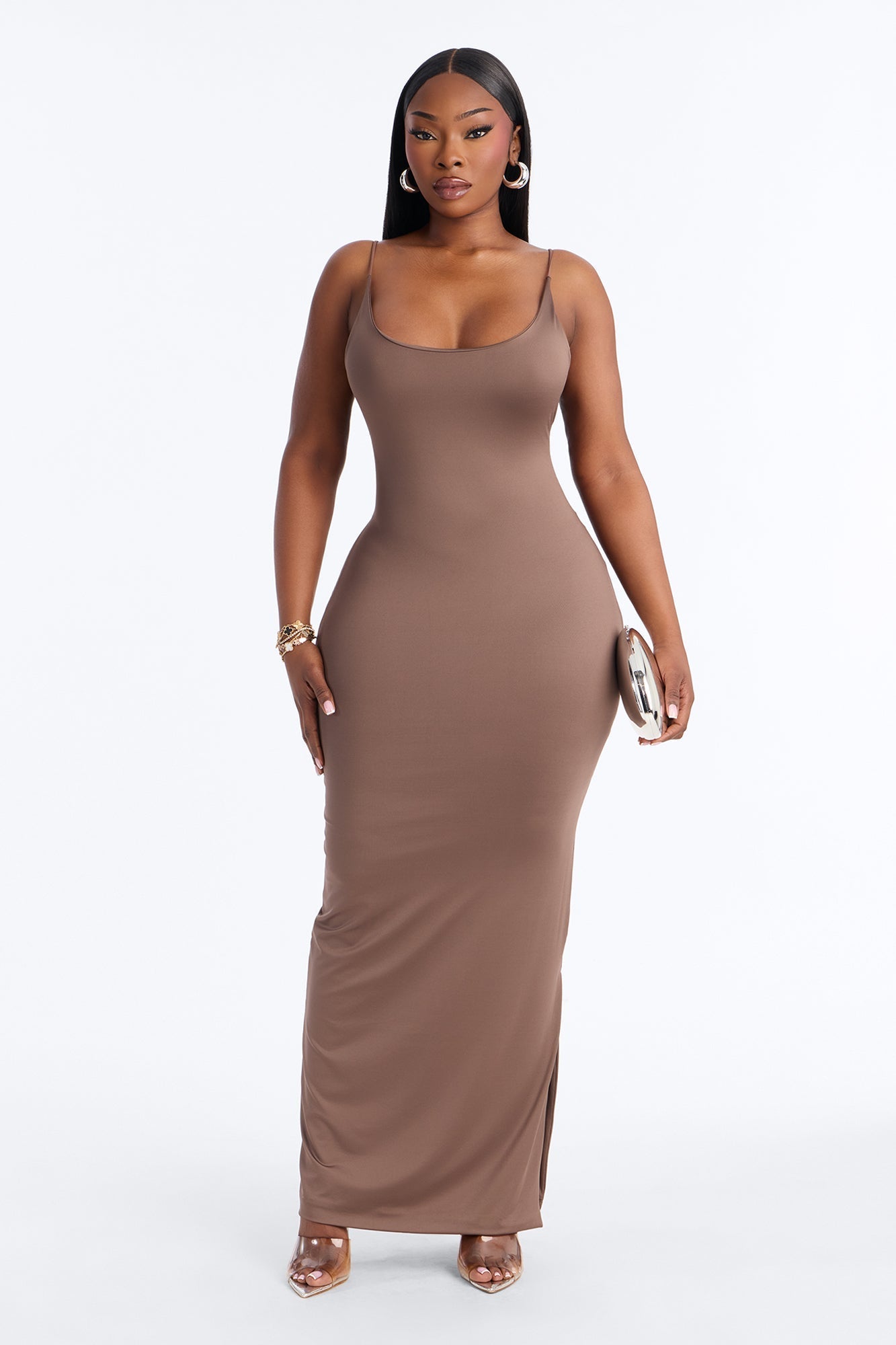 Contour Double Lined Scoop Neck Spaghetti Strap Maxi Dress - Brown NEWFASHIONEDGE