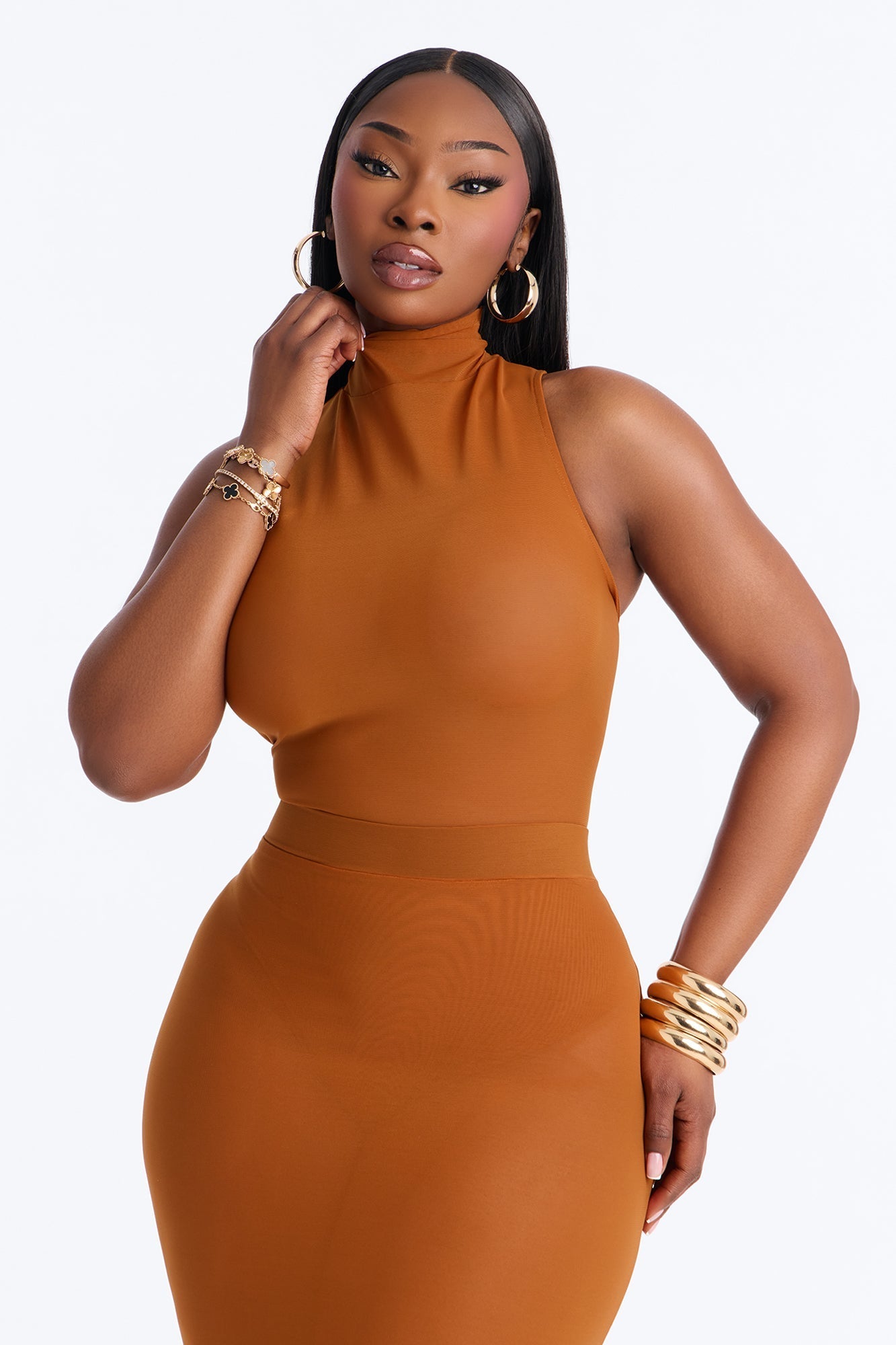 Power Mesh Turtle Neck Sleeveless Bodysuit - Copper