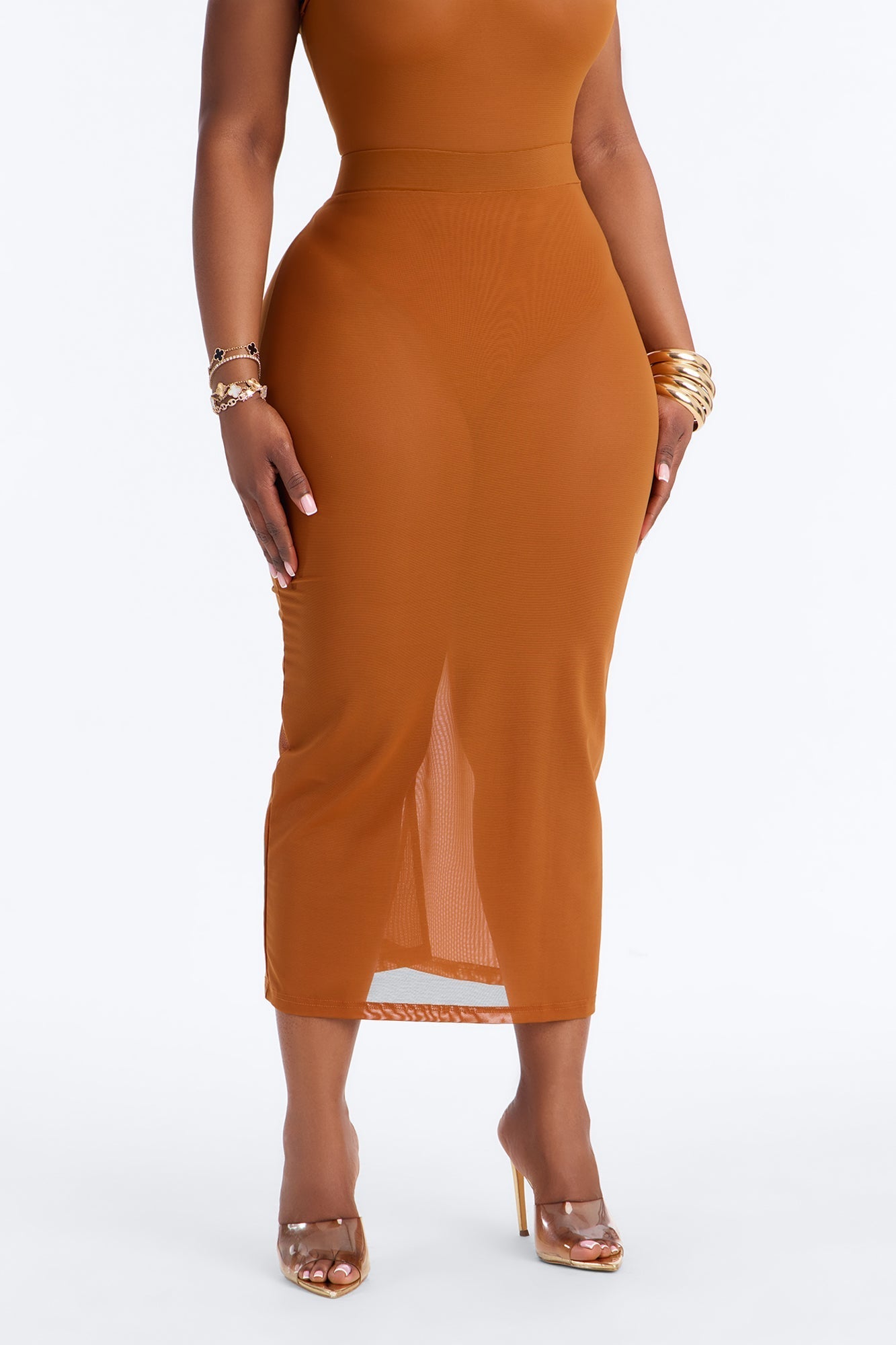 Power Mesh Midi Pencil Skirt - Copper