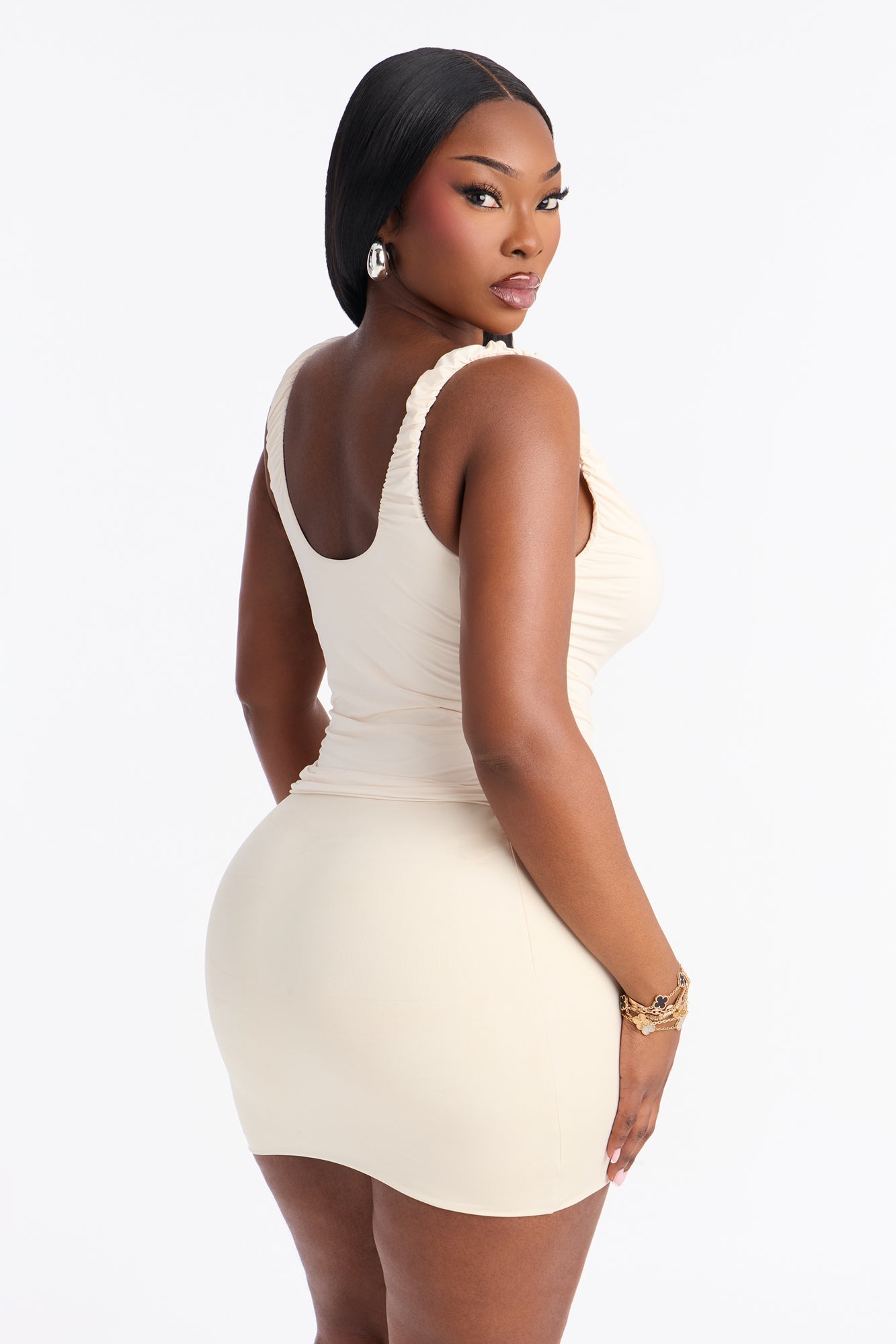 Second Skin Double Lined Scoop Neck Ruched Sleeveless Top - Bone