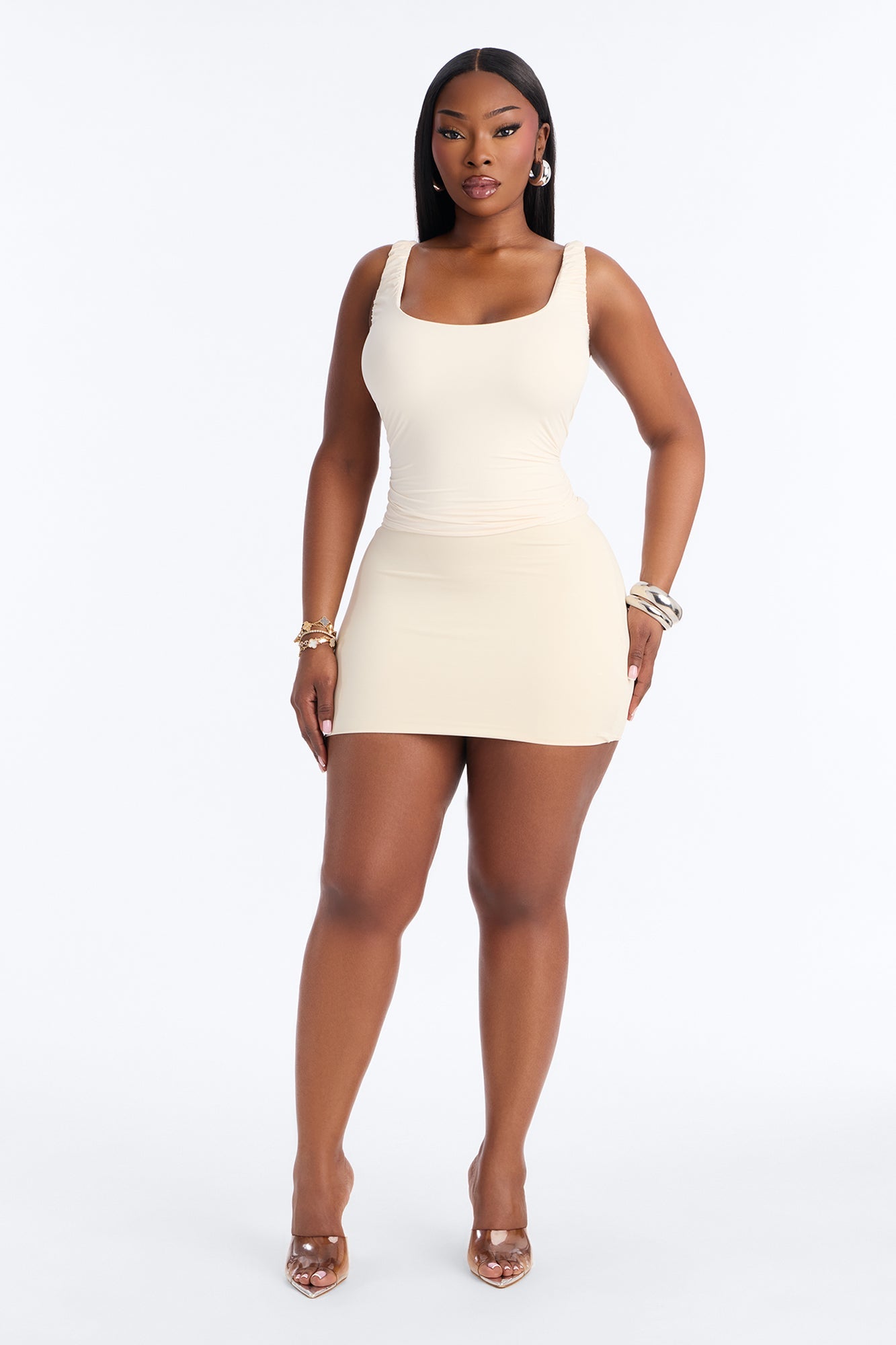 Second Skin Double Lined Scoop Neck Ruched Sleeveless Top - Bone NEWFASHIONEDGE