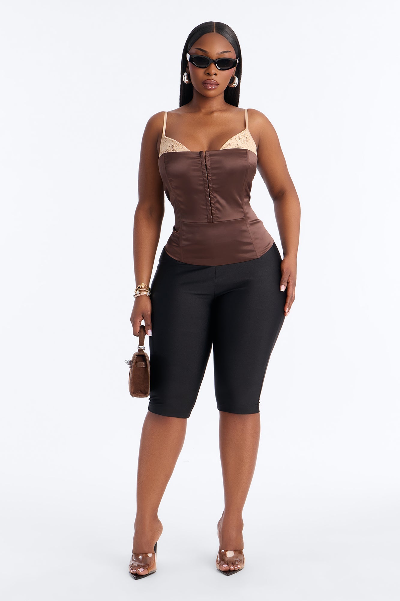 Out Of Your League Lace Contrast Satin Corset - Brown/combo NEWFASHIONEDGE