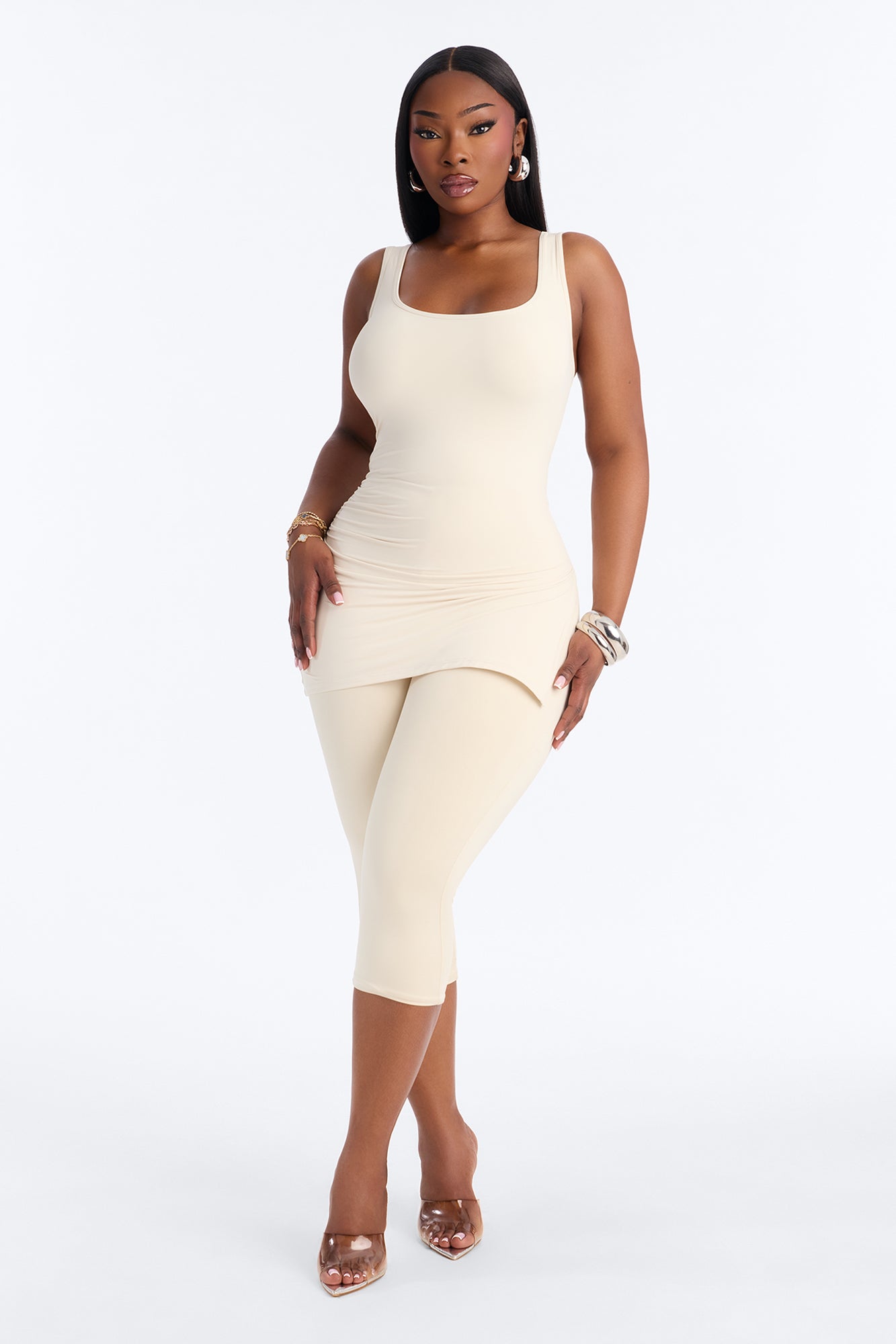 Second Skin Double Line Asymmetrical Ruched Tank Top - Bone NEWFASHIONEDGE