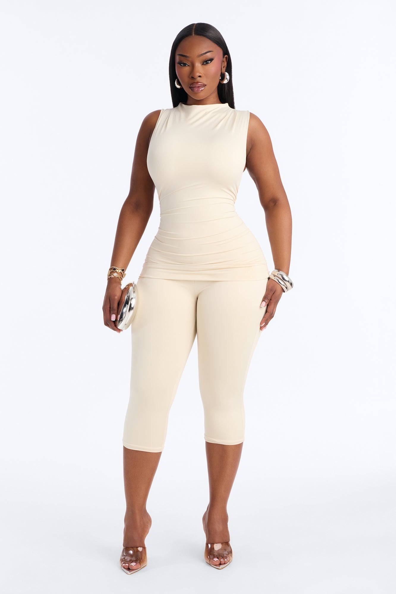 Contour Double Lined Ruched Mock Neck Sleeveless Top - Bone Fashion Nova