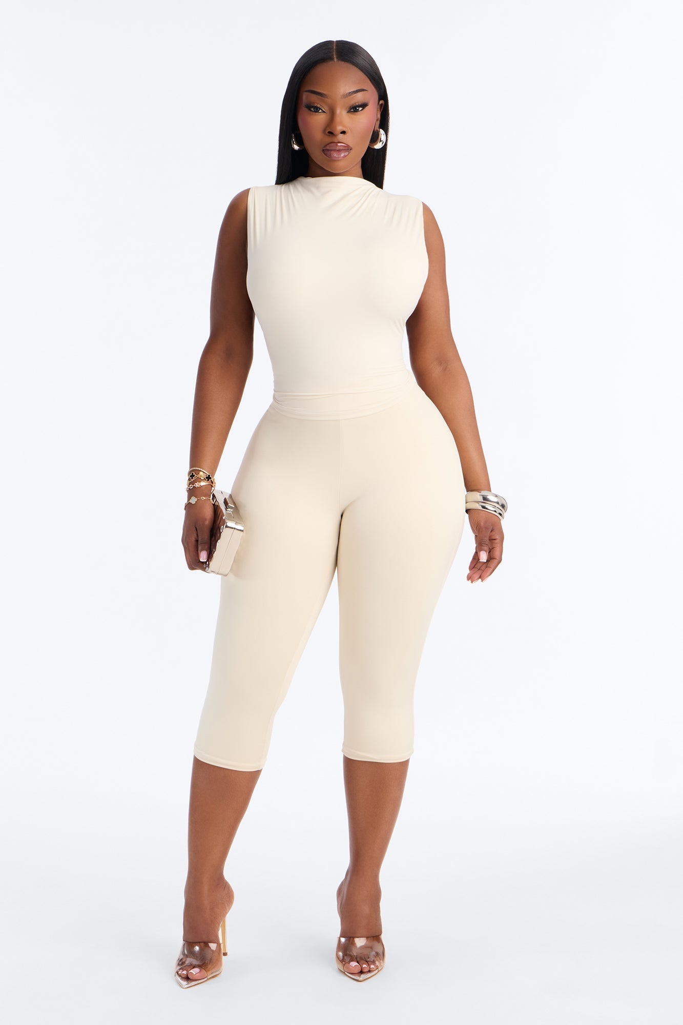 Second Skin Double Lined Mock Neck Racerback Top - Bone NEWFASHIONEDGE