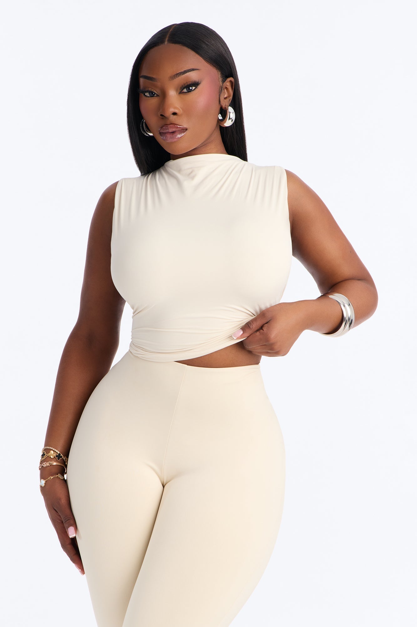 Second Skin Double Lined Mock Neck Racerback Top - Bone NEWFASHIONEDGE