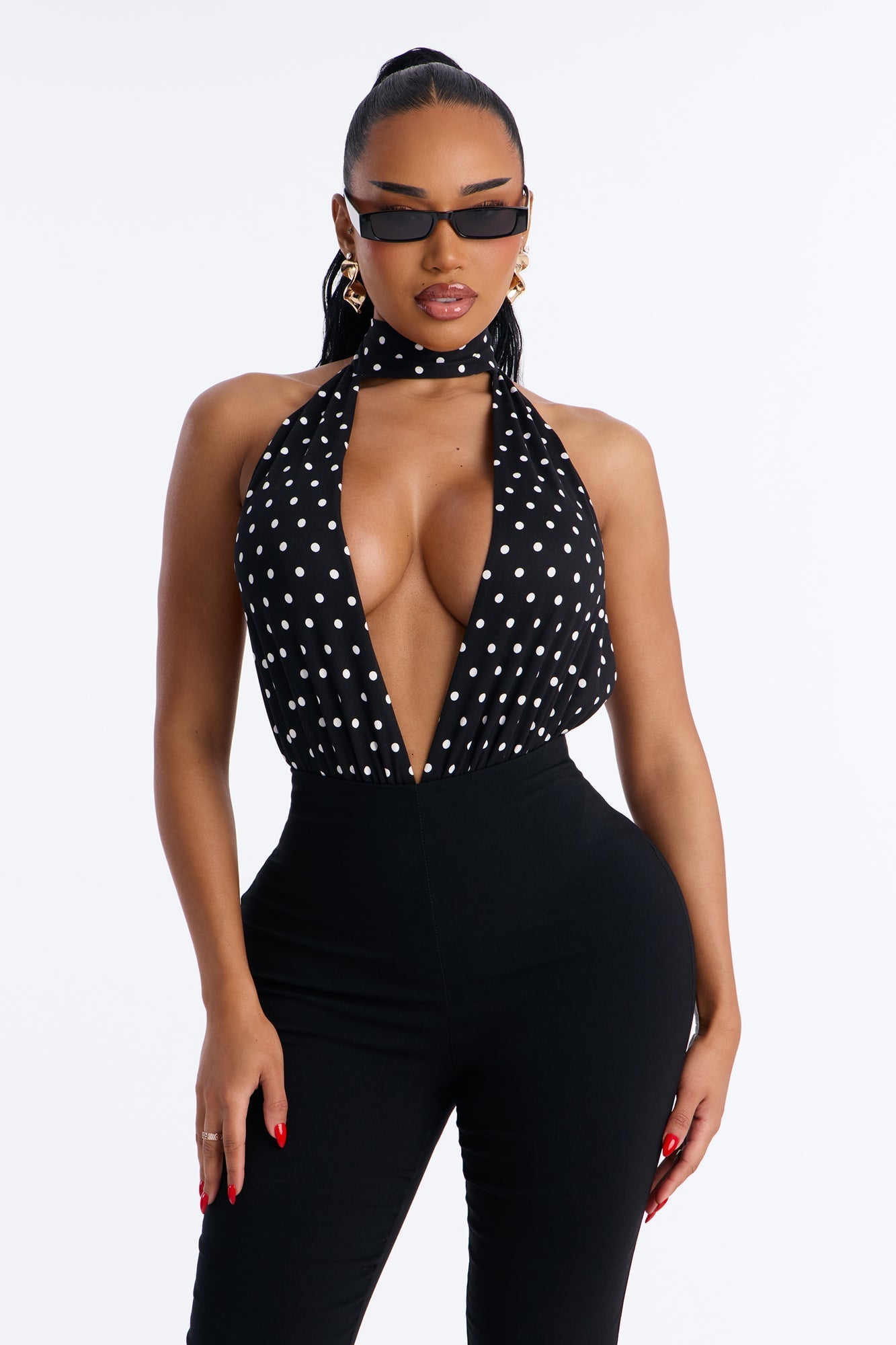 Lola Deep V-Neck Polka Dot Bodysuit - Black/combo