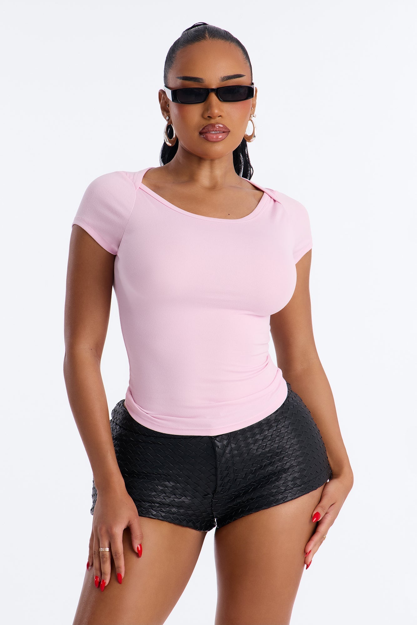 Boat Neck Ribbed T-shirt - Pink