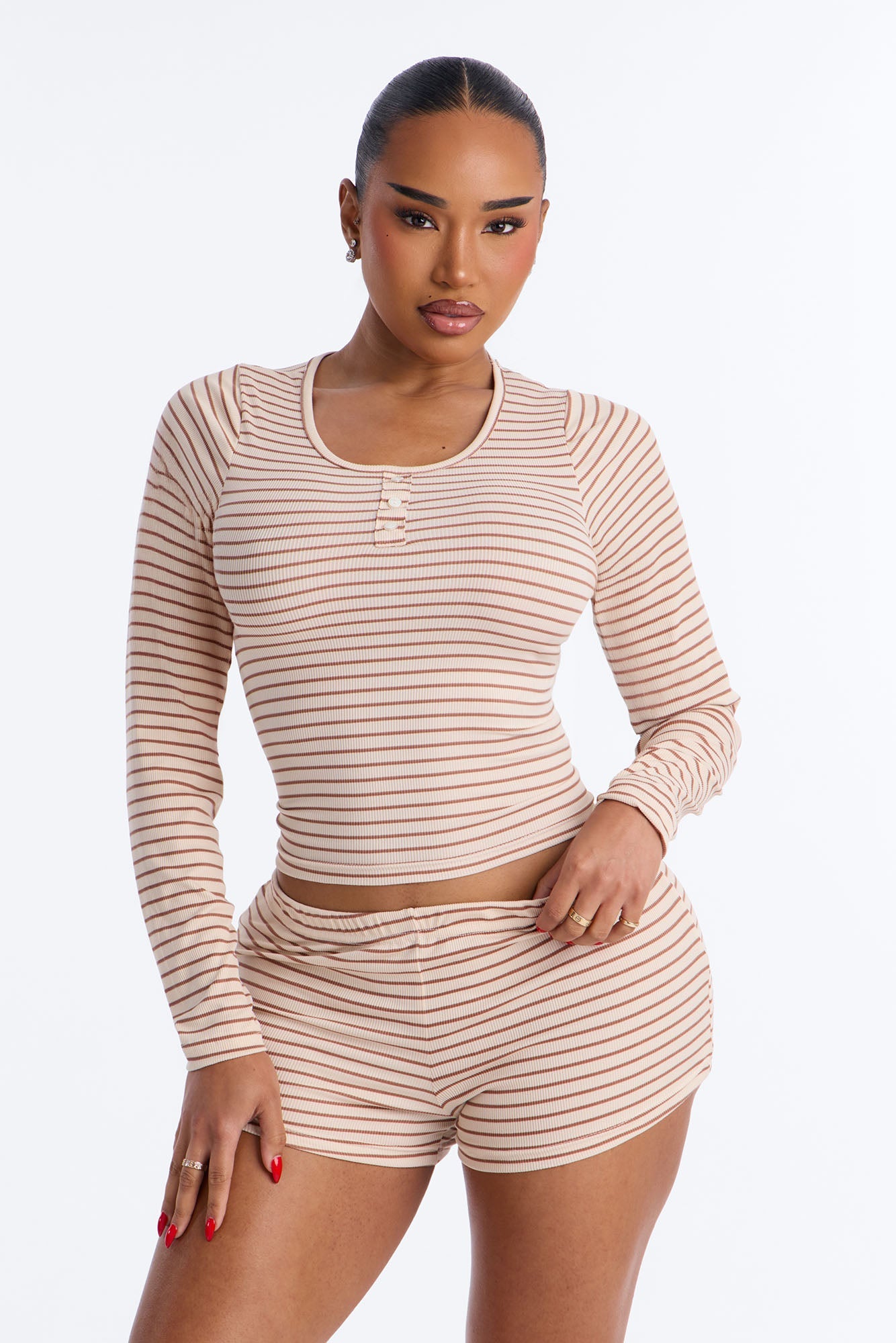 Nap With Me Long Sleeve Henley PJ Short Set - Brown