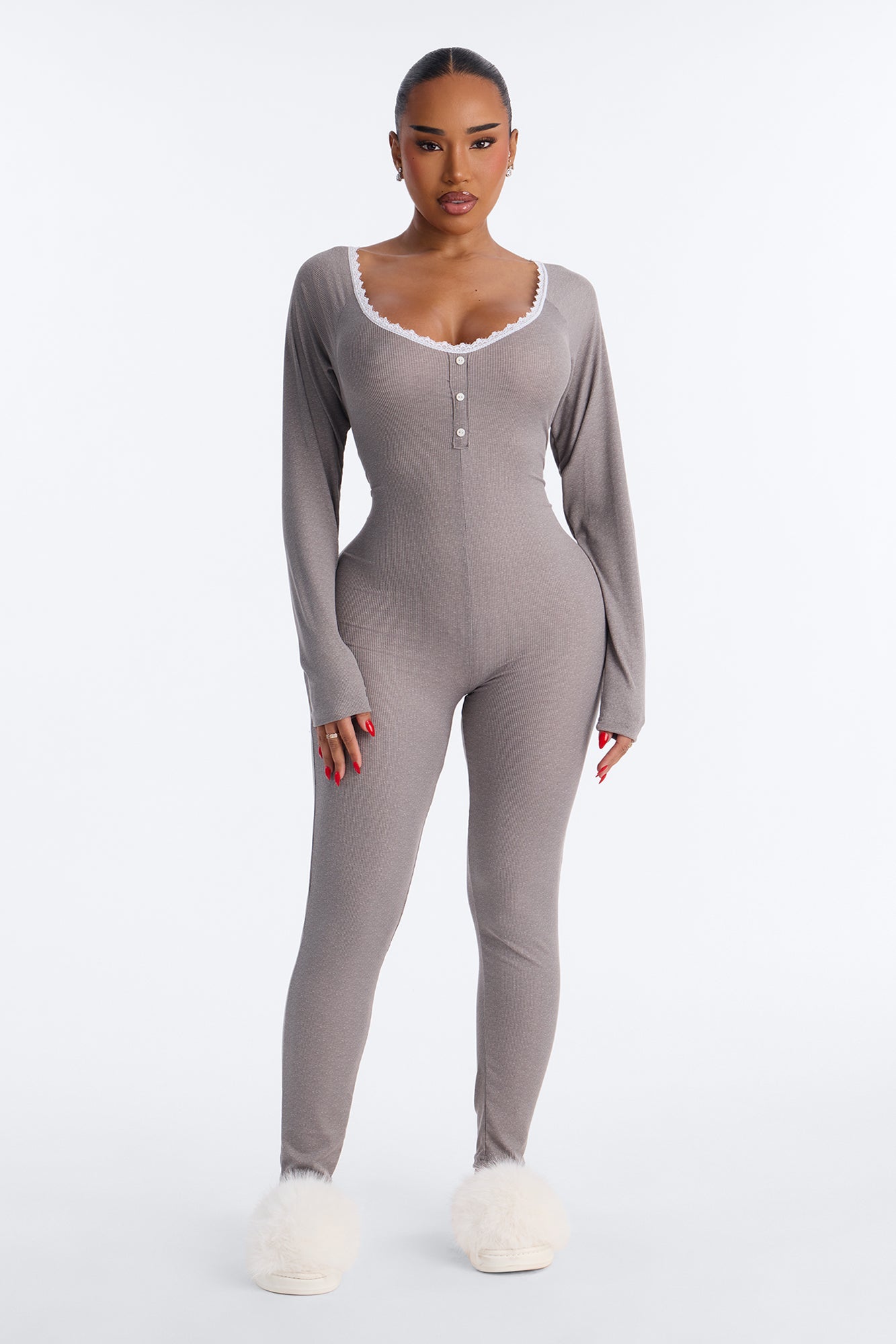 Stay In With Me Ribbed Henley PJ Jumpsuit Onesie - Charcoal