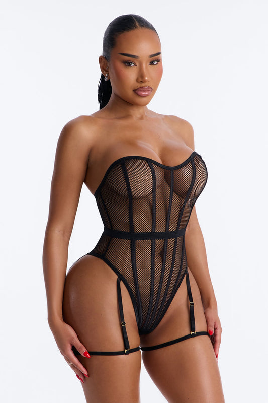 Owning It Fishnet Teddy With Garter Straps - Black