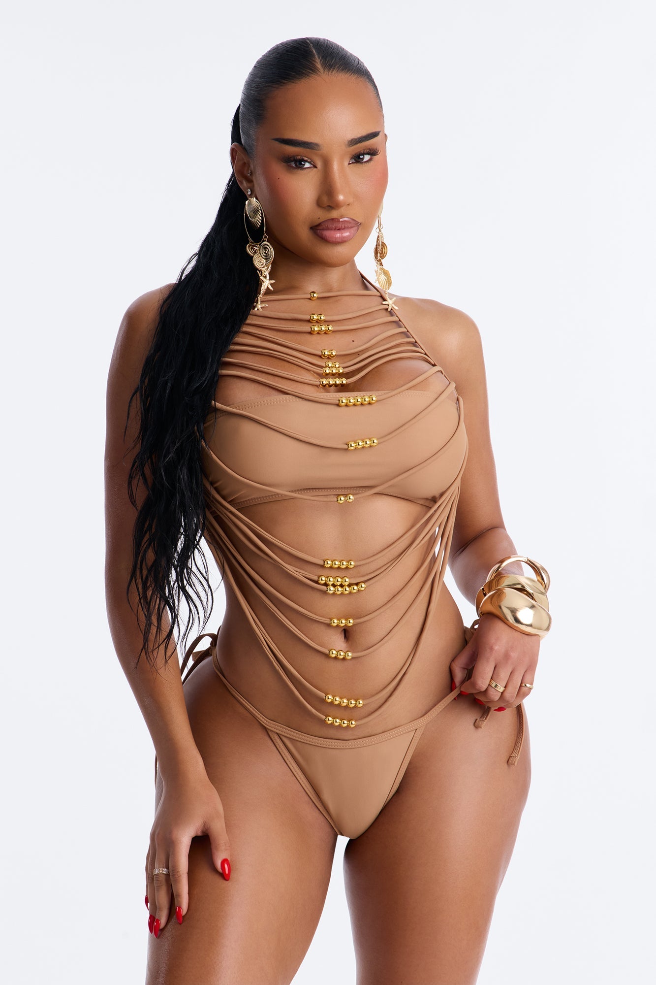 Hot Sand Energy Draped 2 Piece Beaded Bikini Set - Tan