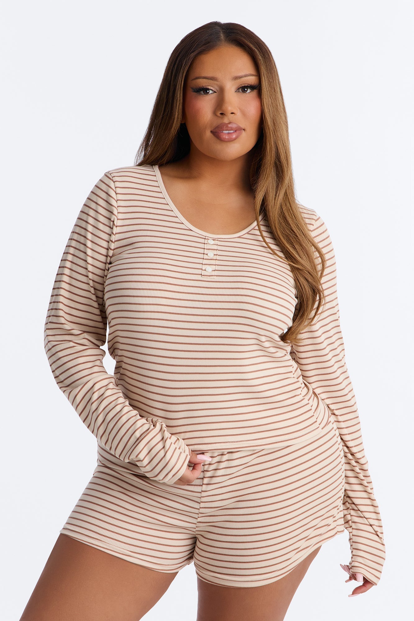 Nap With Me Long Sleeve Henley PJ Short Set - Brown