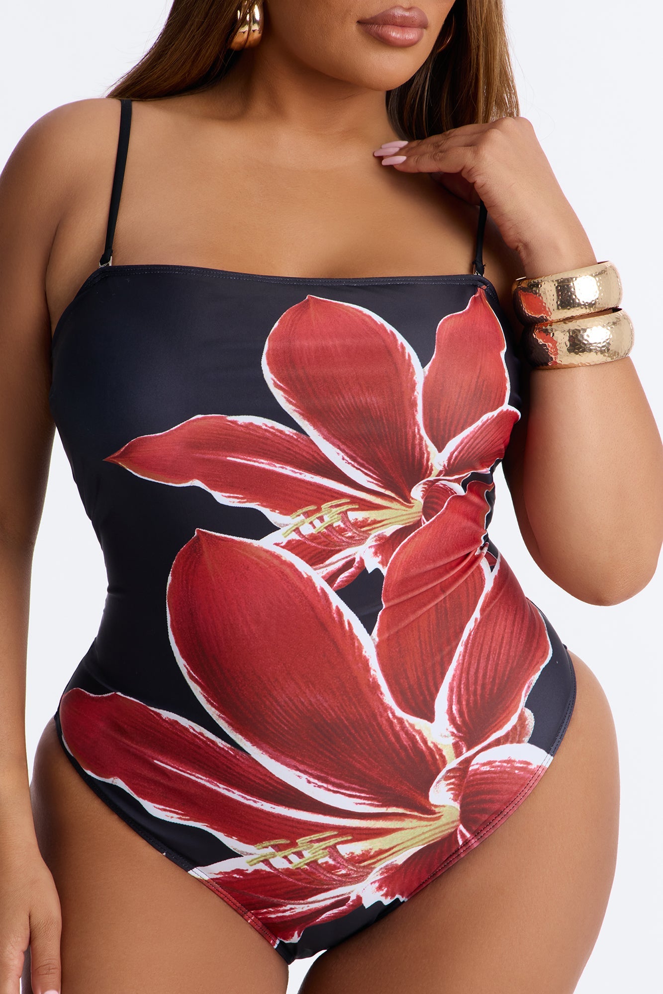 Nelissa Floral 1 Piece Strapless Swimsuit - Black/Red