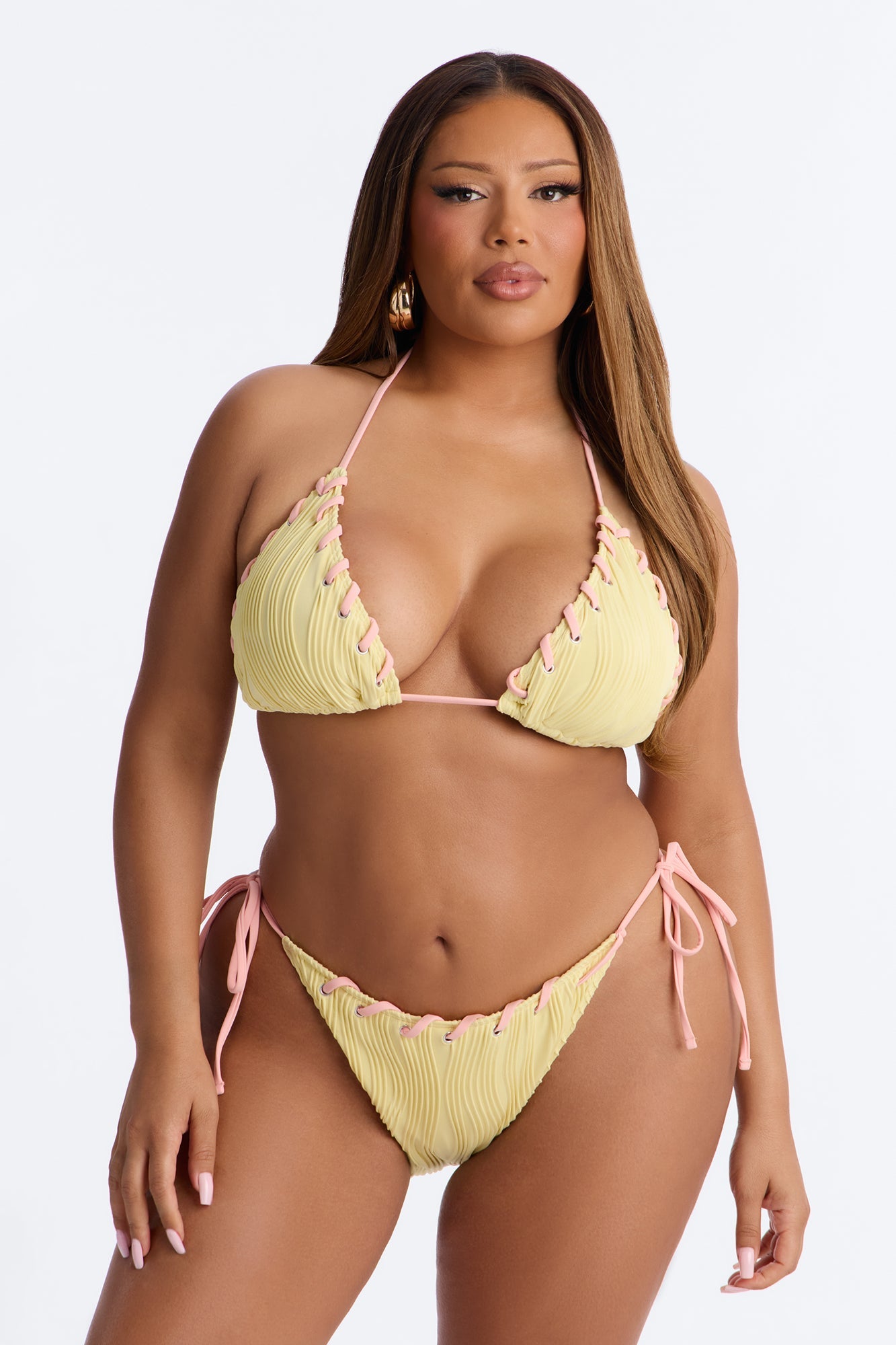 Aria Ribbed 2 Piece Whipstitch Triangle Bikini Set - Yellow NEWFASHIONEDGE