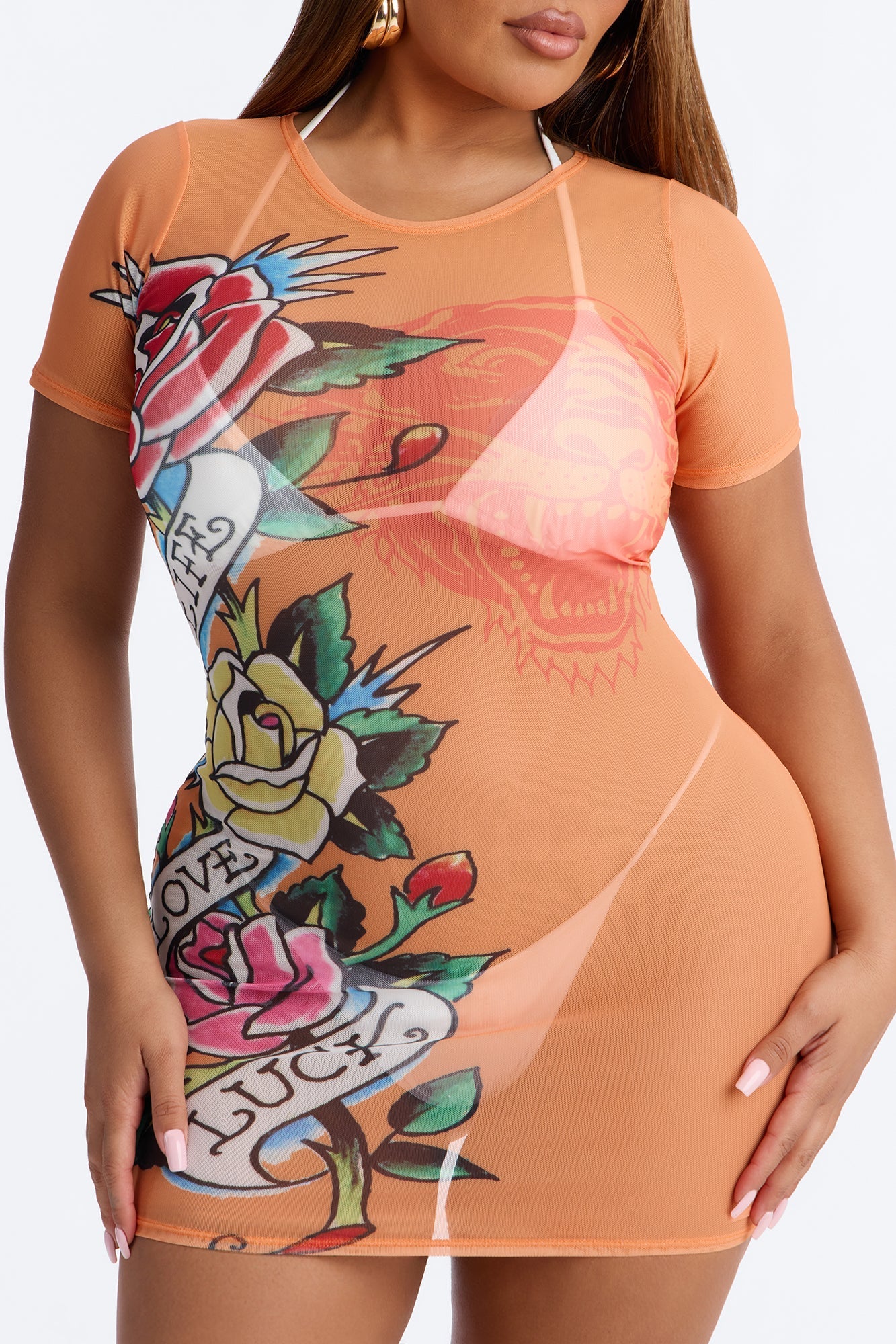 Ed Hardy Roses & Tiger Mesh Cover Up Dress - Orange/combo Fashion Nova