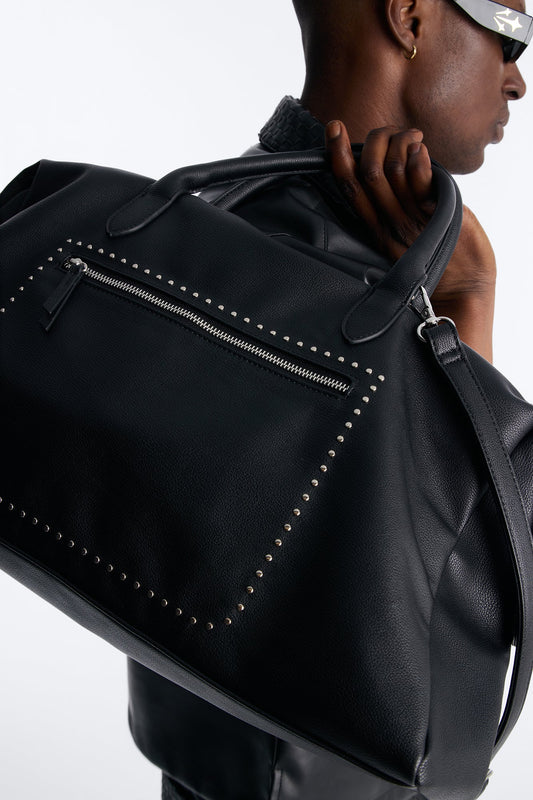 Textured Faux Leather Mid Size Weekender Duffle Bag - Black
