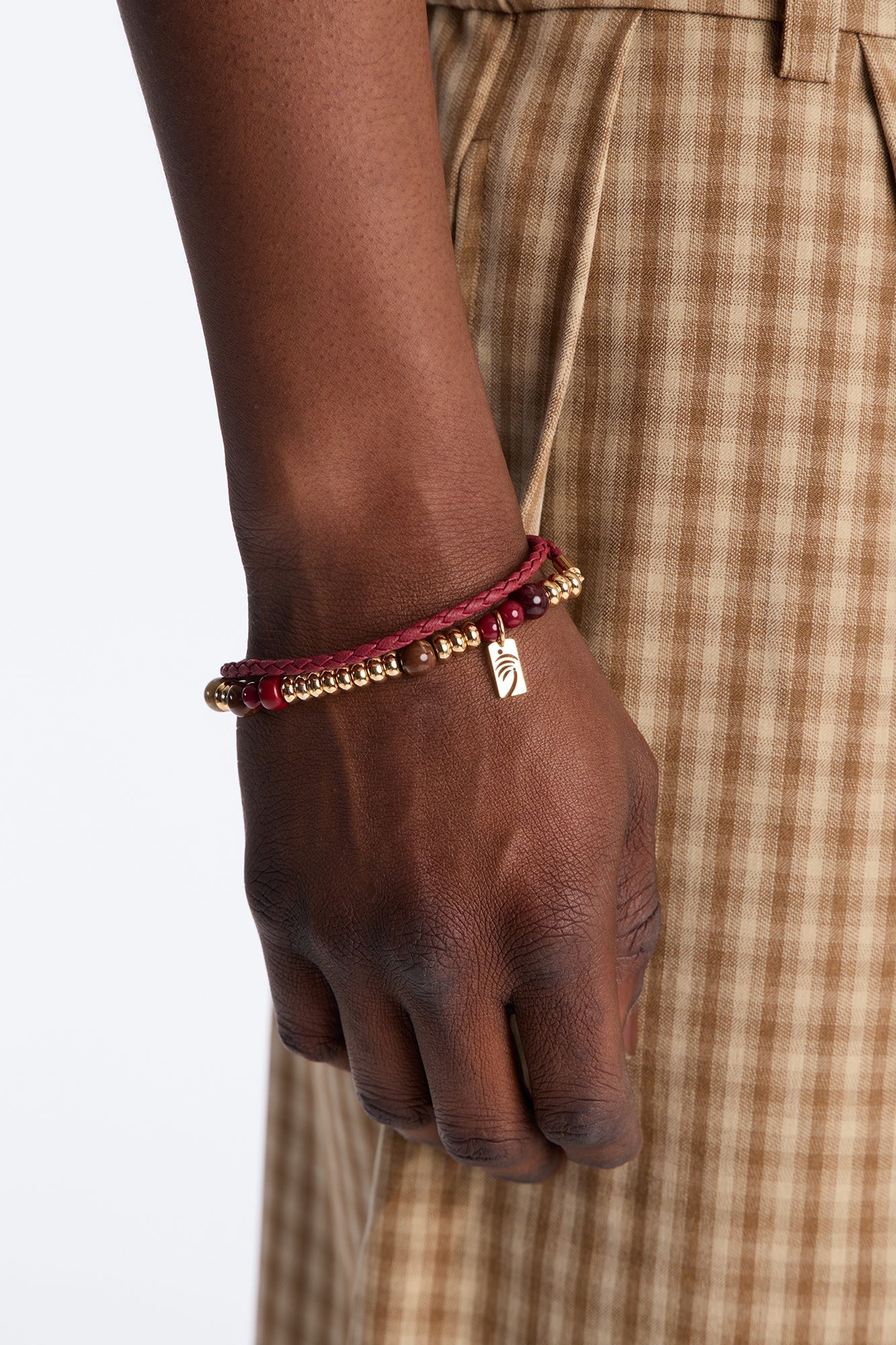 Palm Faux Leather Cording Necklace And Bracelet Set - Burgundy
