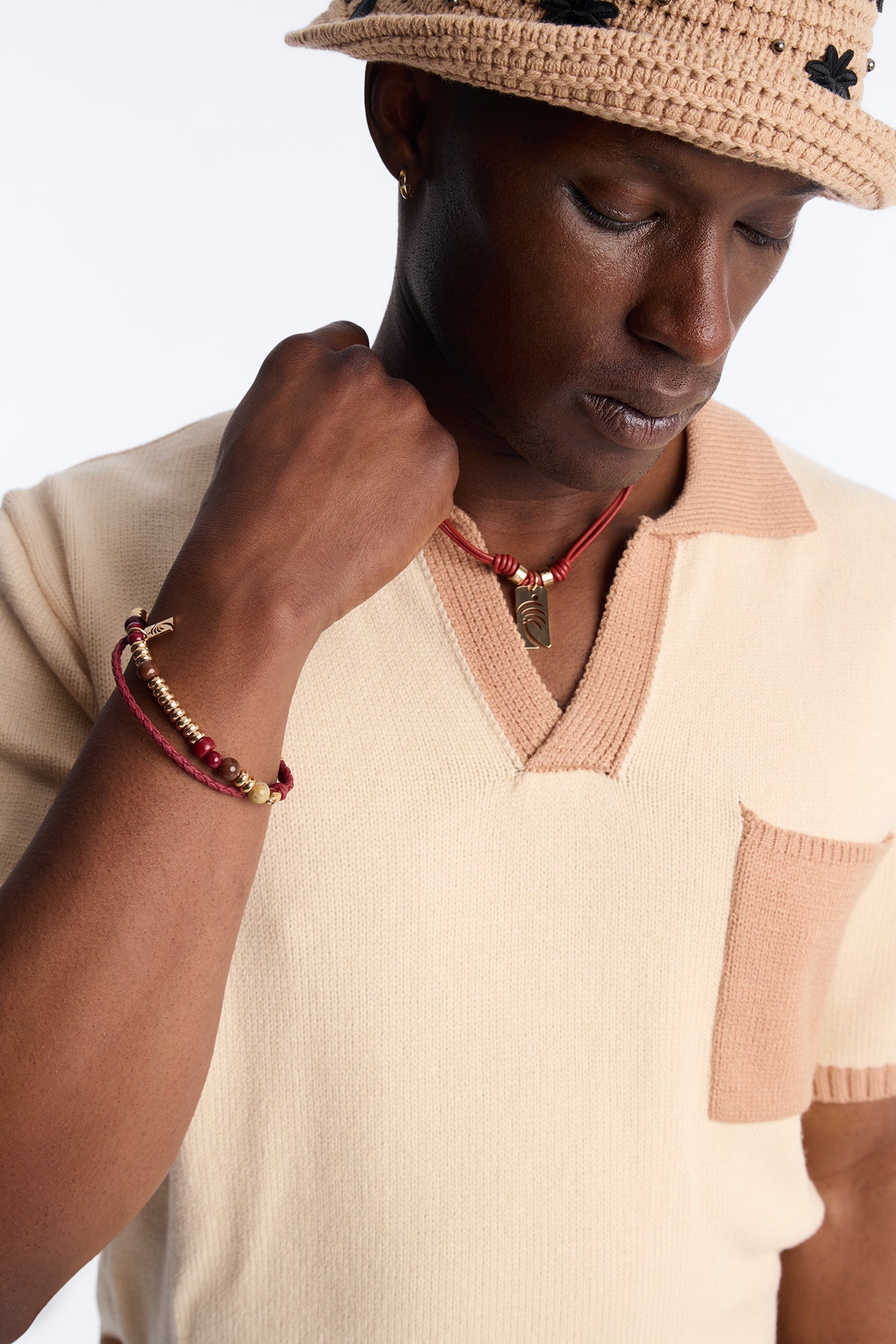 Palm Faux Leather Cording Necklace And Bracelet Set - Burgundy