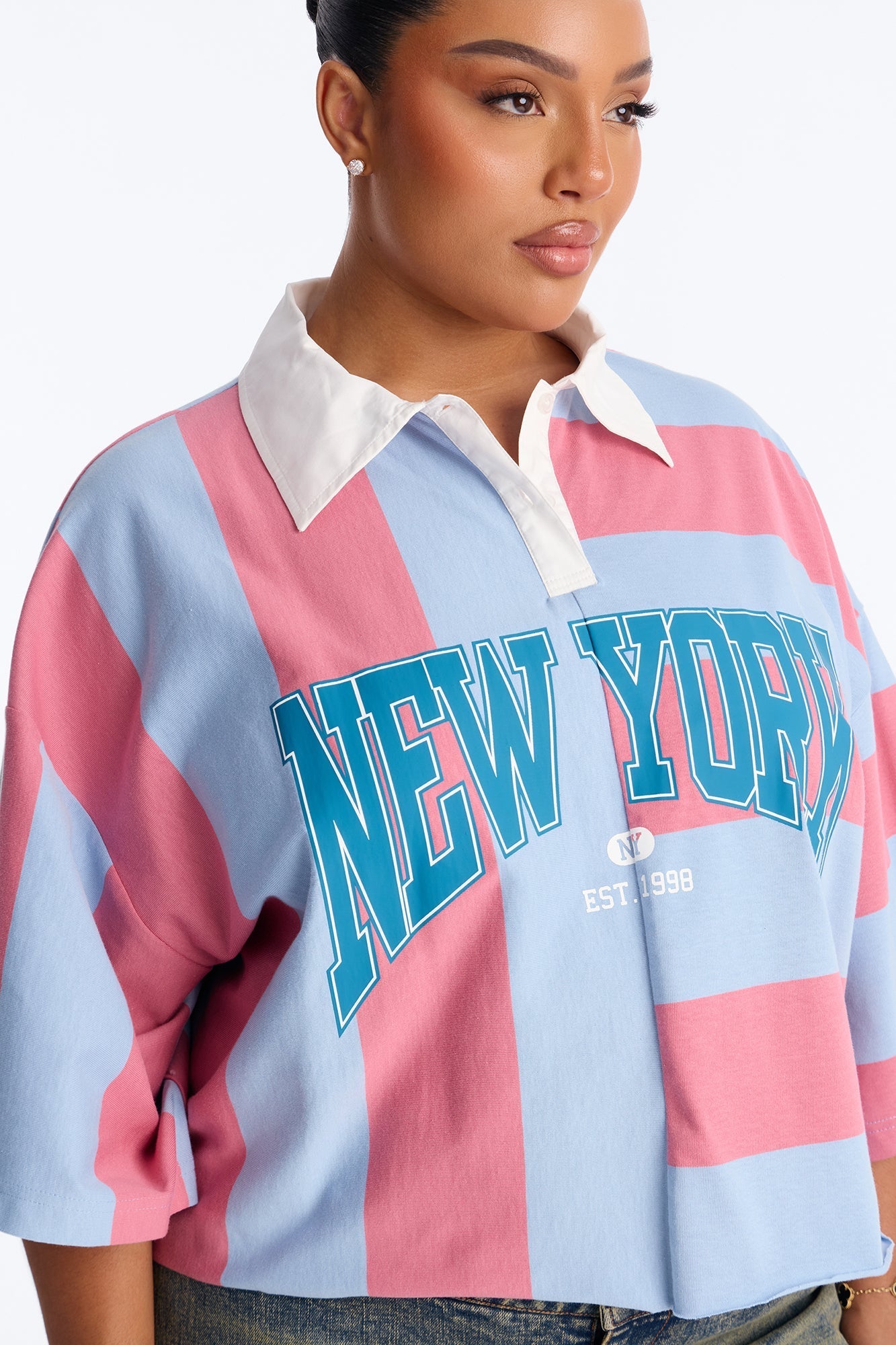 New York Polo Rugby Stripe Cropped Oversized Polo - Multi Color