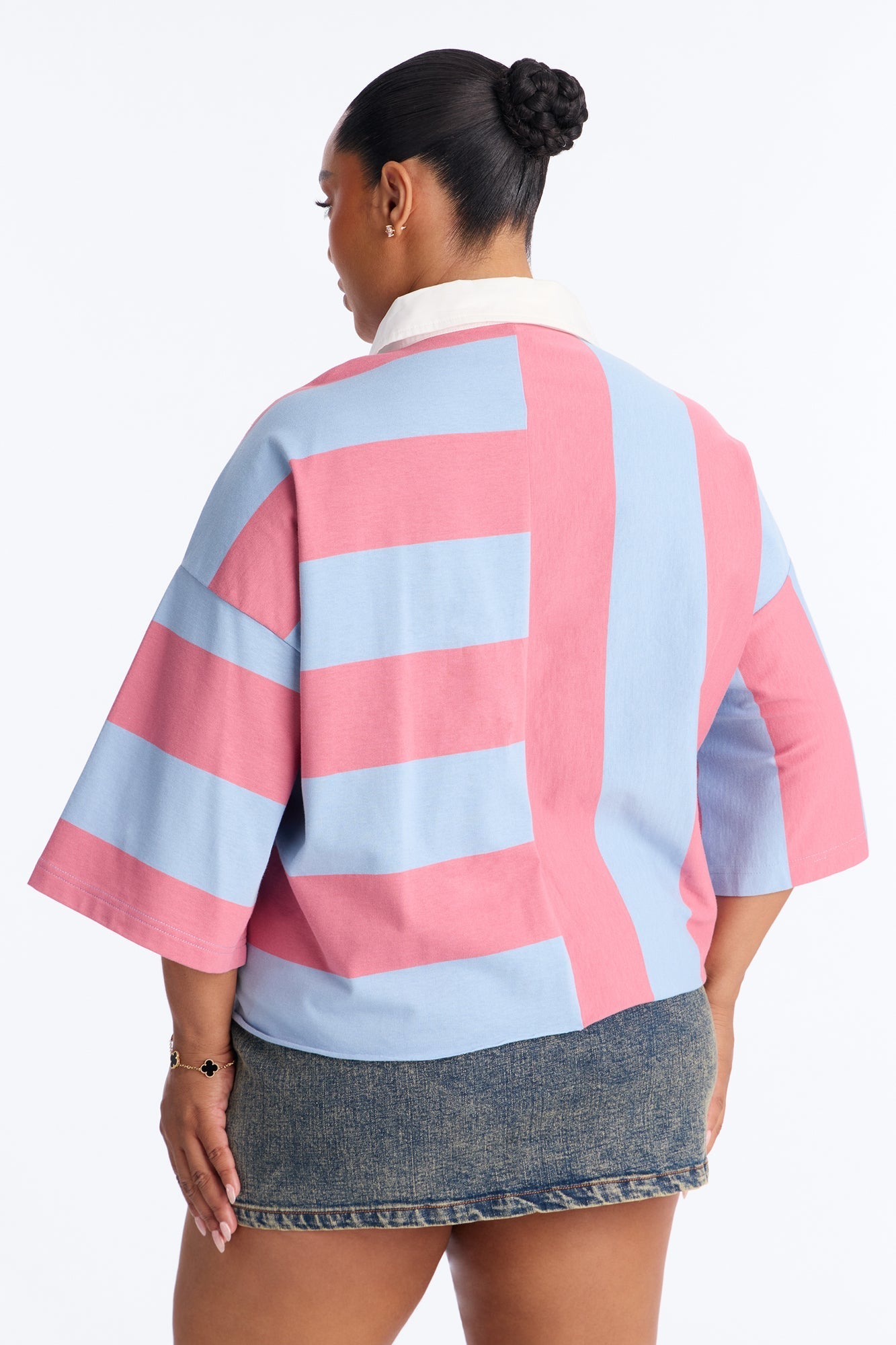 New York Polo Rugby Stripe Cropped Oversized Polo - Multi Color