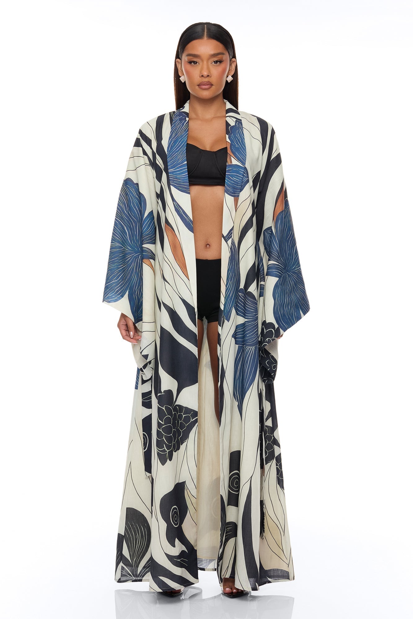 Daniella Bell Sleeve Linen Kimono - Navy/combo