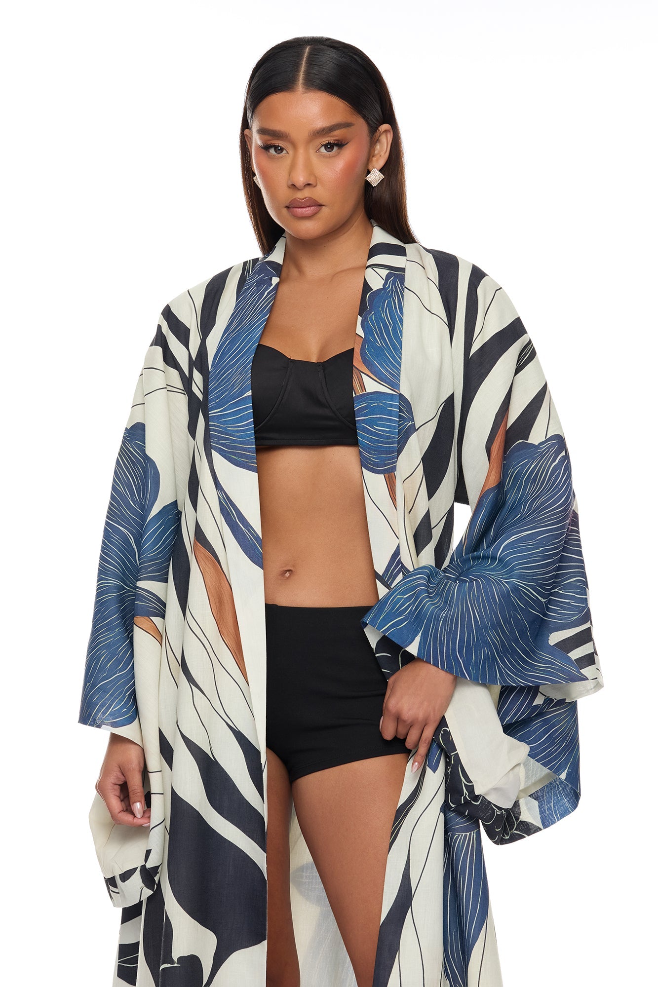 Daniella Bell Sleeve Linen Kimono - Navy/combo