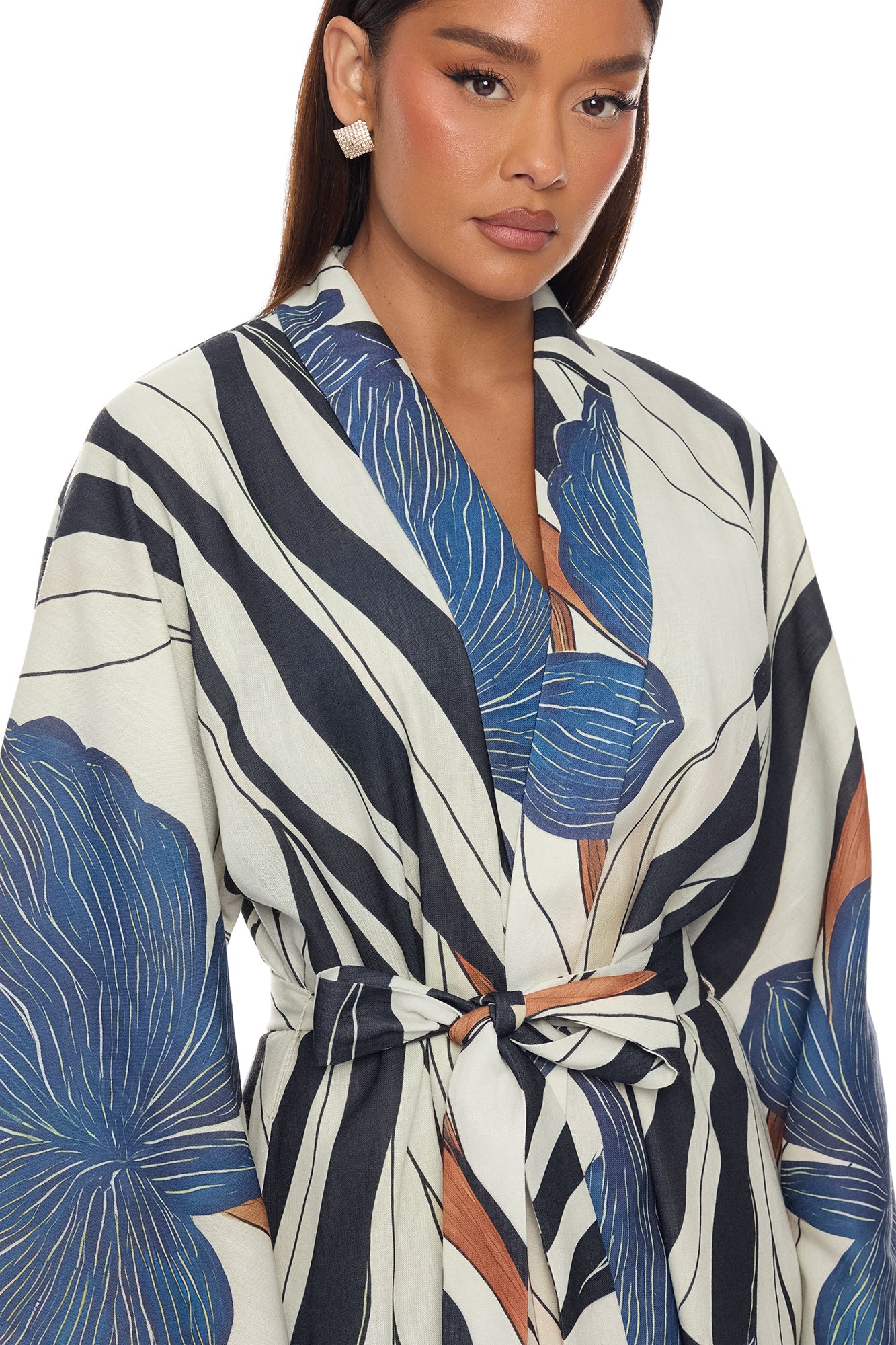 Daniella Bell Sleeve Linen Kimono - Navy/combo