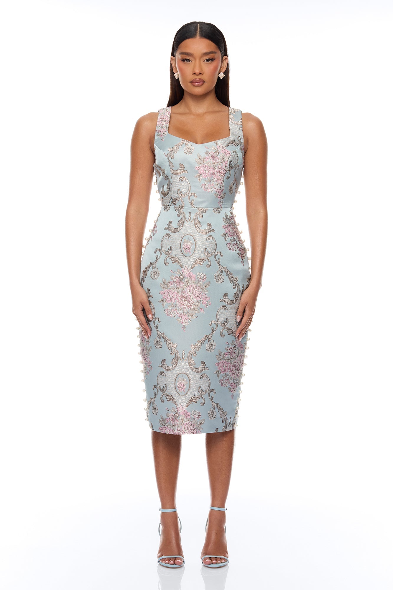 Alyssa Pearl Jacquard Midi Dress - Dusty Blue