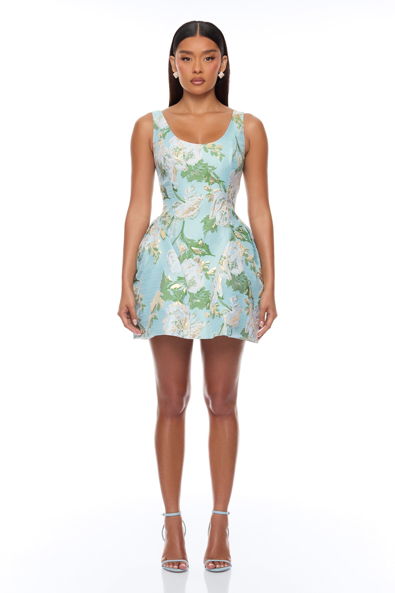 Alicia Drop Waist Jacquard Mini Dress - Blue/combo
