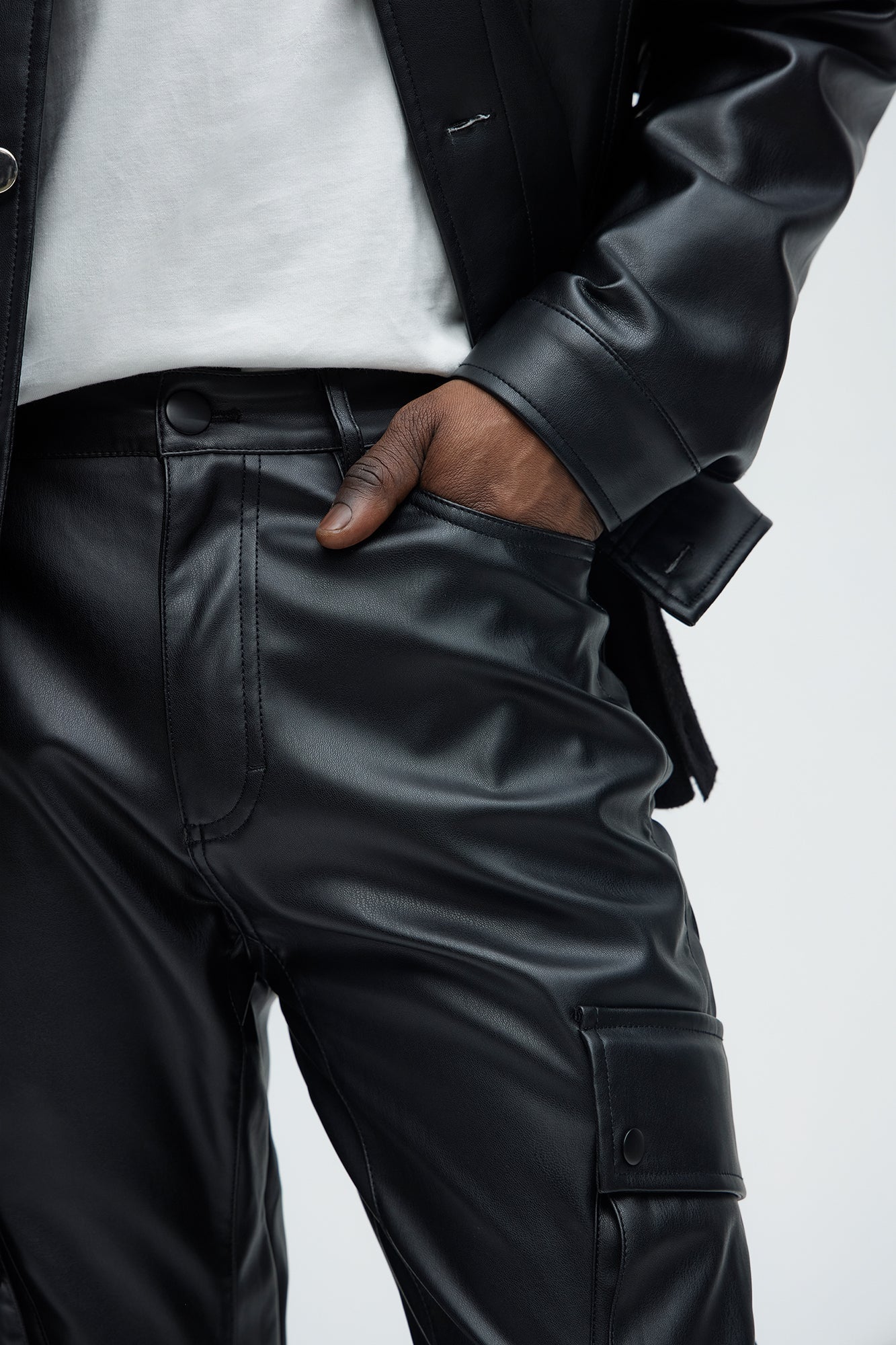 Finest Faux Leather Cargo Slim Flare Pants - Black
