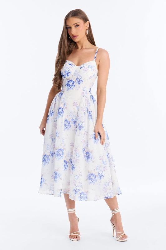 Ariana Floral Chiffon Midi Dress - White/Blue