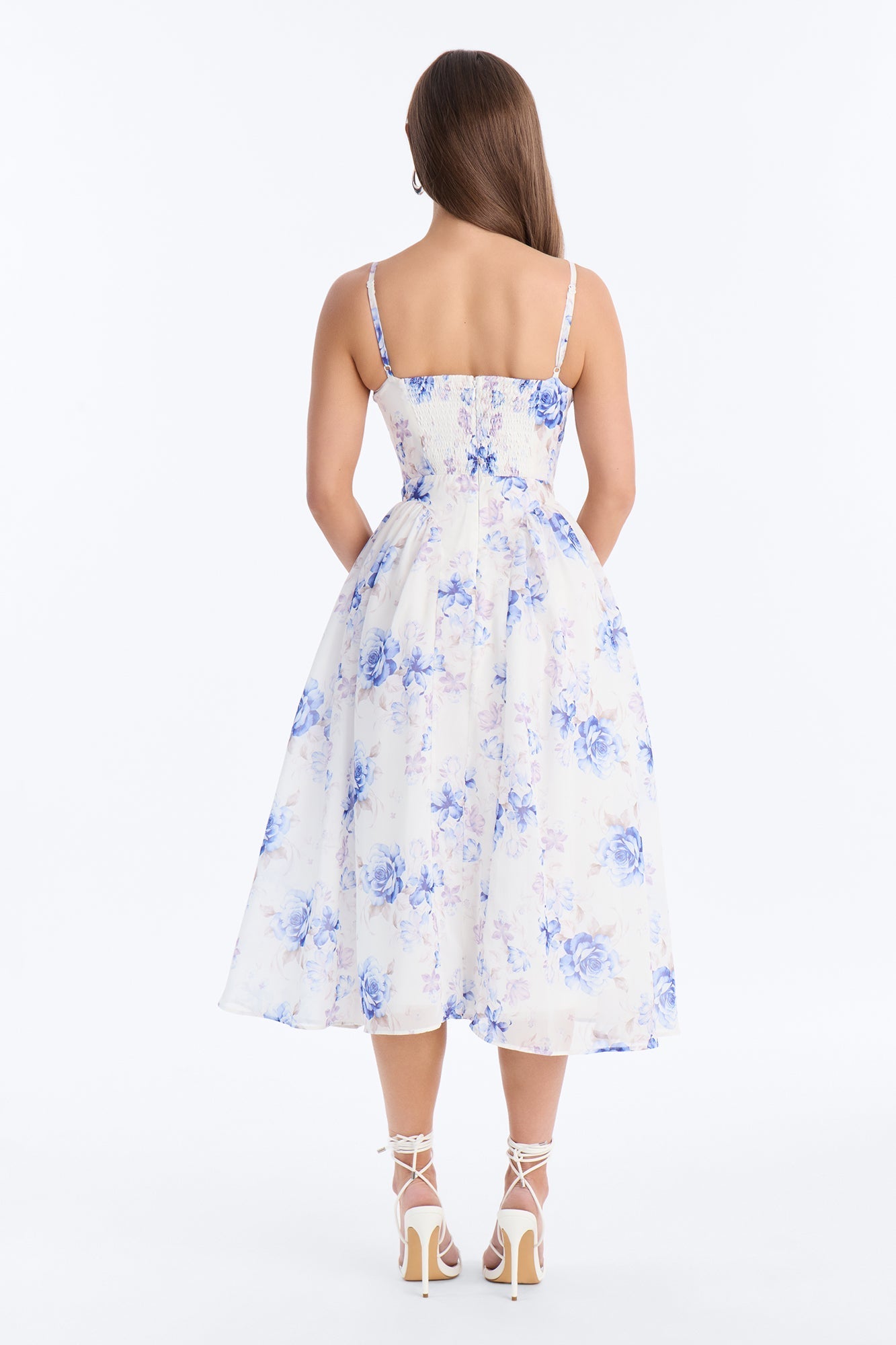 Ariana Floral Chiffon Midi Dress - White/Blue