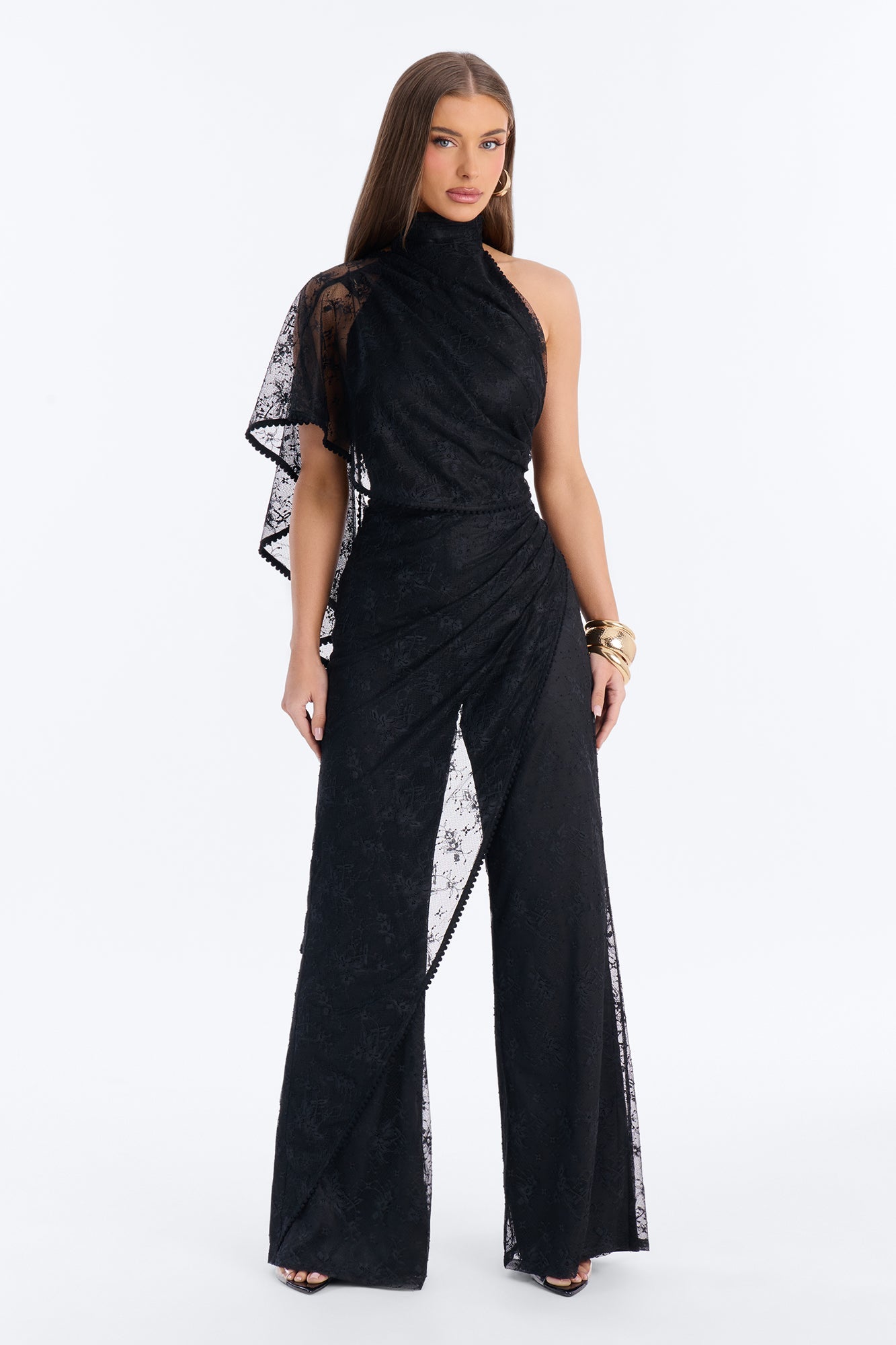 Tayla Draped Lace Wide Leg Jumpsuit - Black