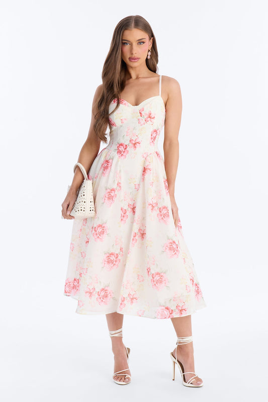Ariana Floral Chiffon Midi Dress - White/Pink