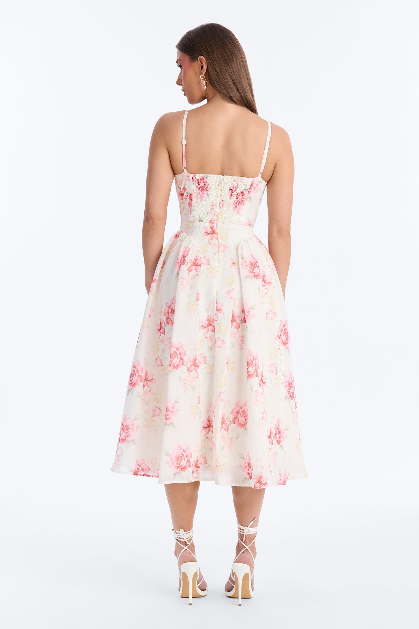 Ariana Floral Chiffon Midi Dress - White/Pink