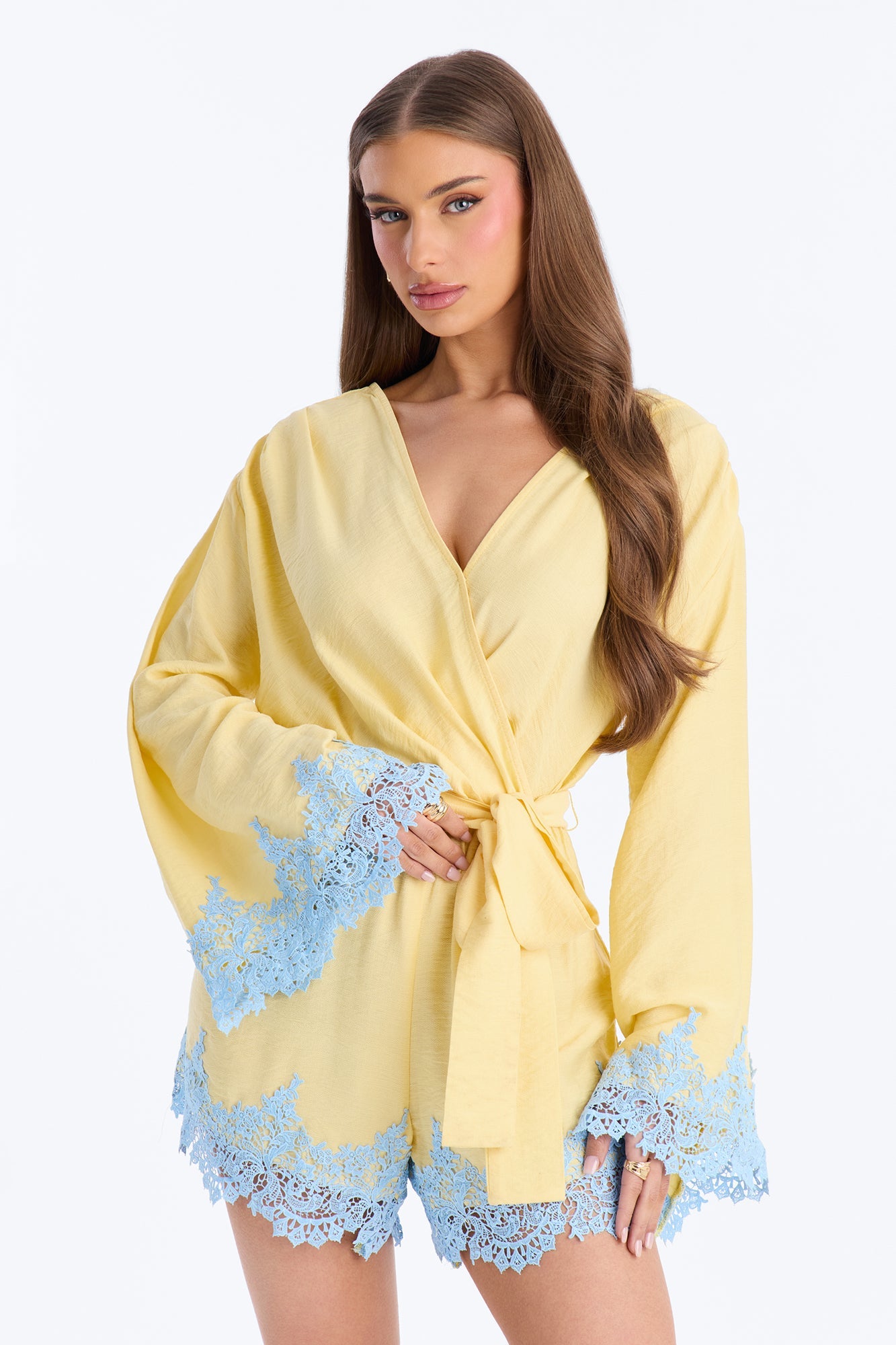 Cherie Lace Trim Tie Waist Romper - Butter Yellow