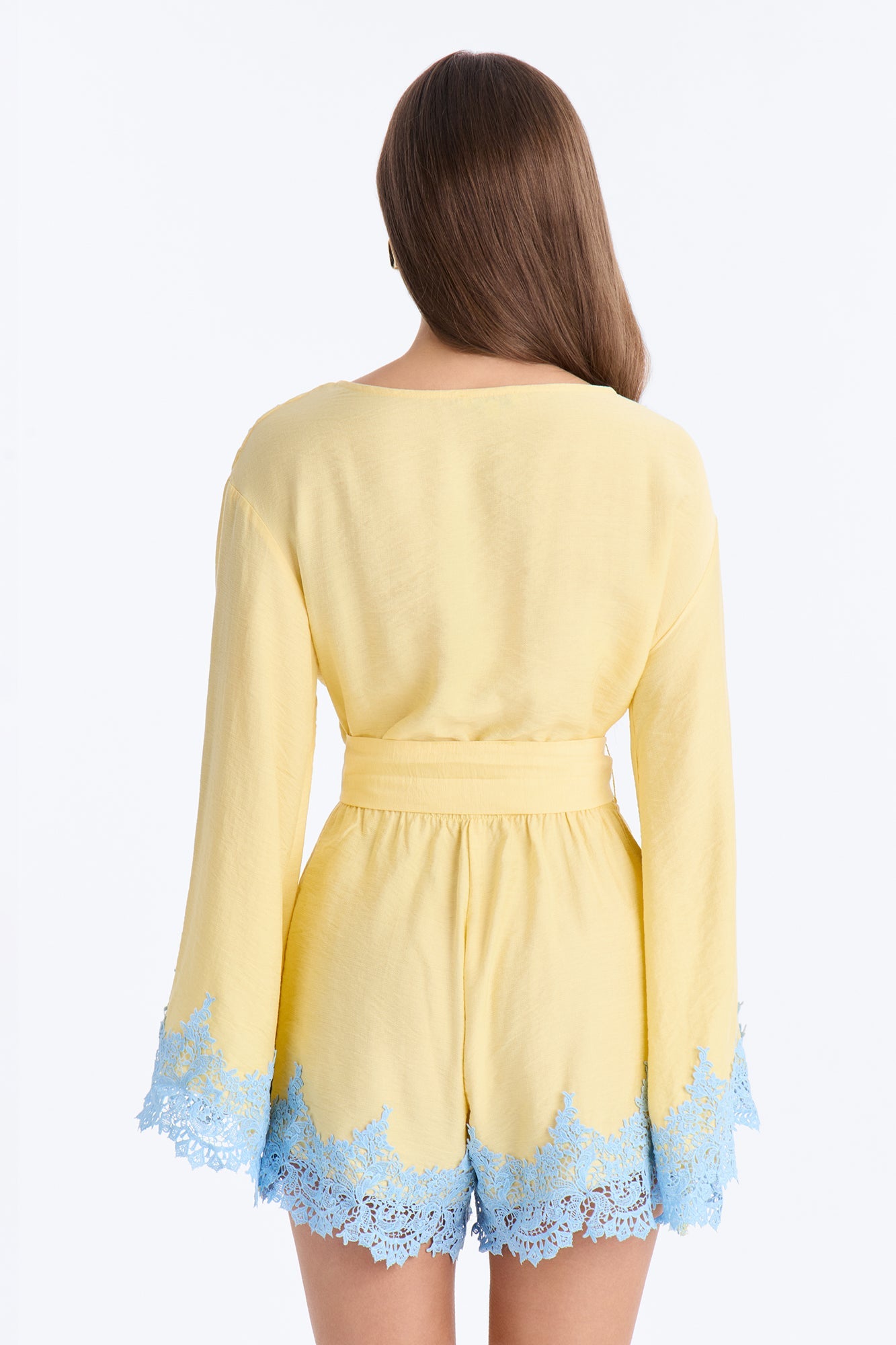 Cherie Lace Trim Tie Waist Romper - Butter Yellow