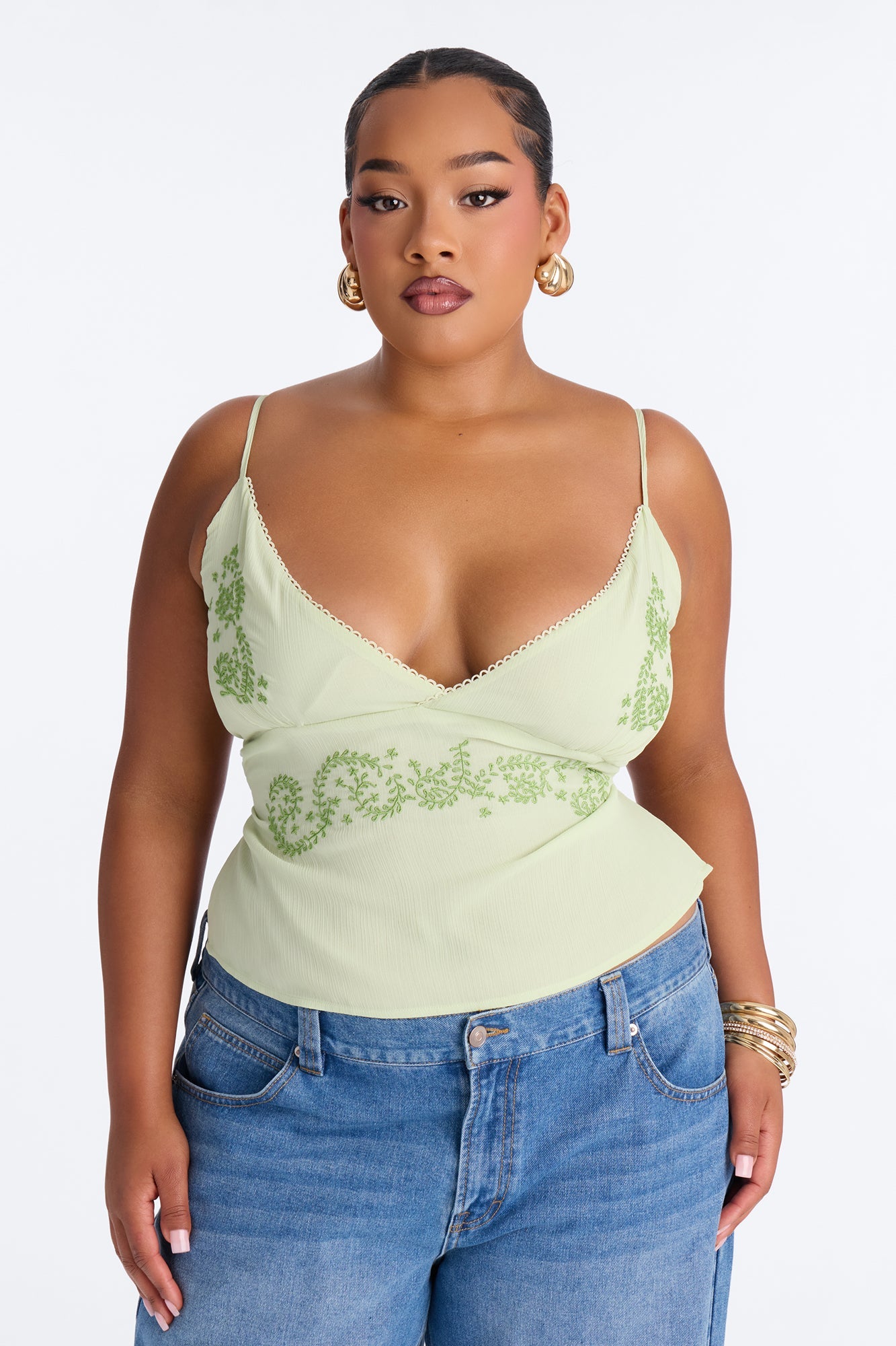 Lemonade Lips Embroidered Chiffon Top - Green
