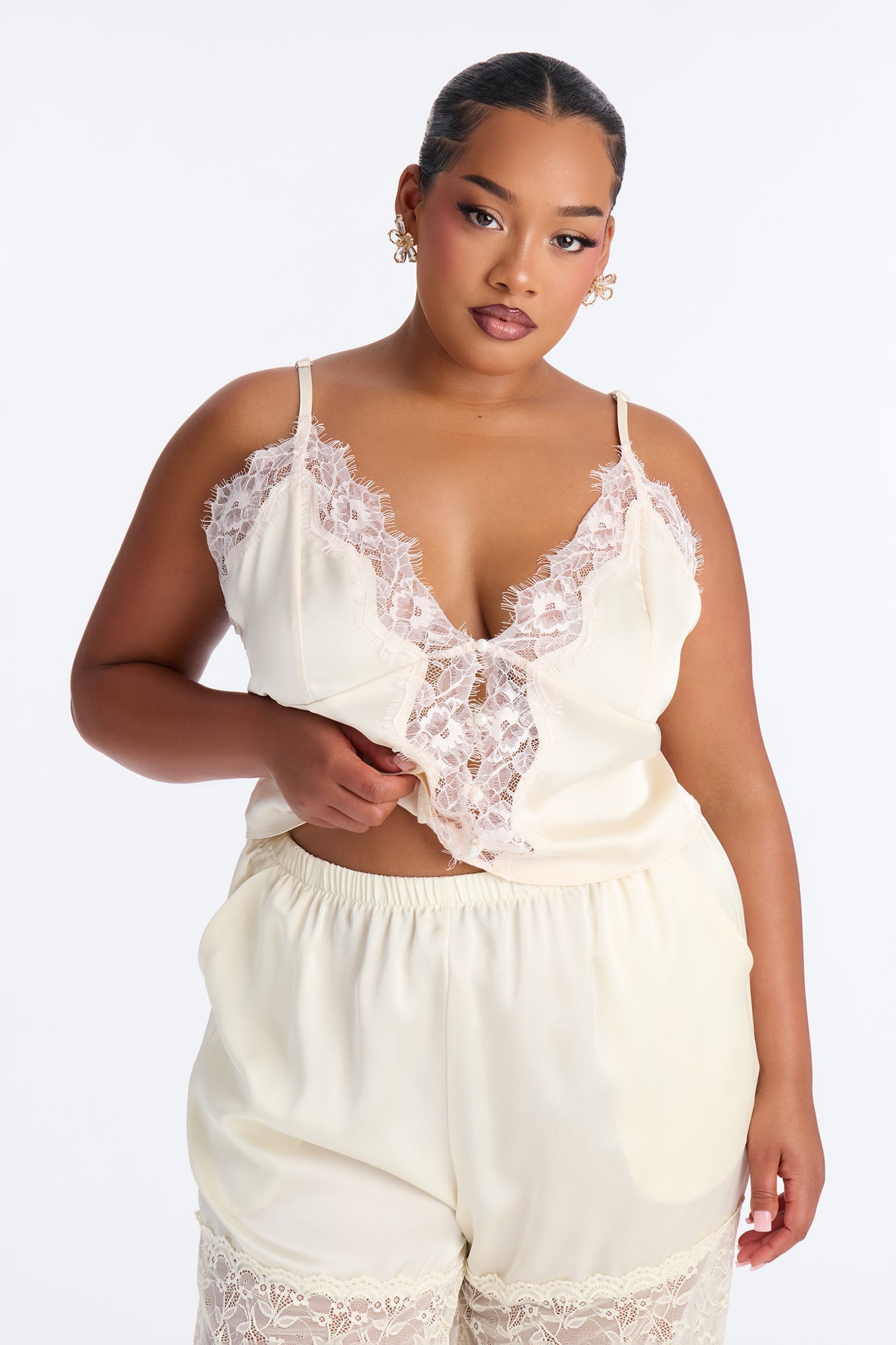Vintage Muse Lace Trim Satin Cami Top - Cream/combo NEWFASHIONEDGE